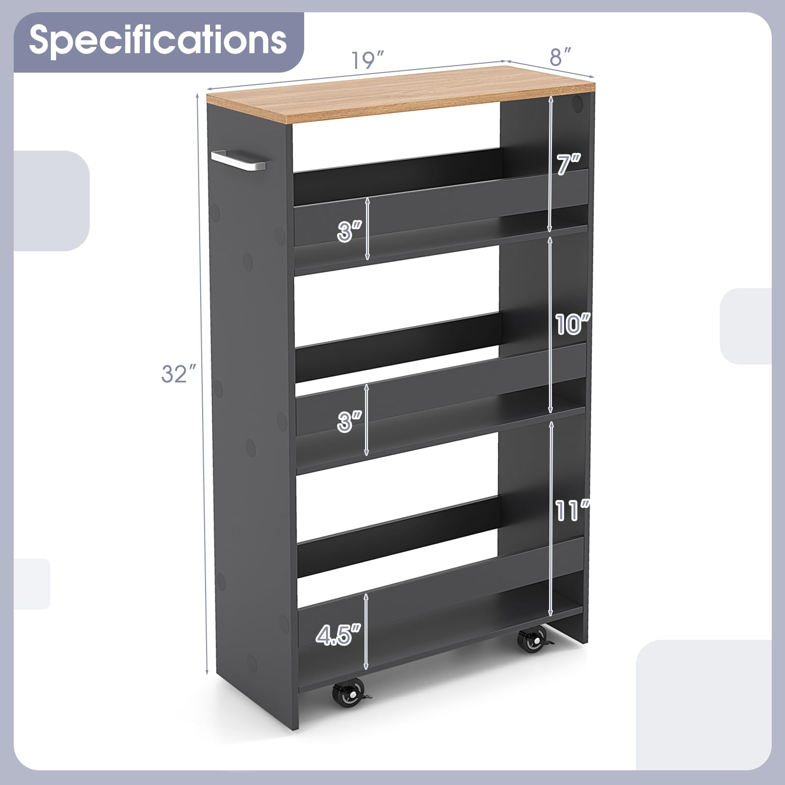 Giantex 4 Tier Rolling Slim Storage Cart, 8” Narrow Slide Out Kitchen Cart w/Handle & Open Shelves