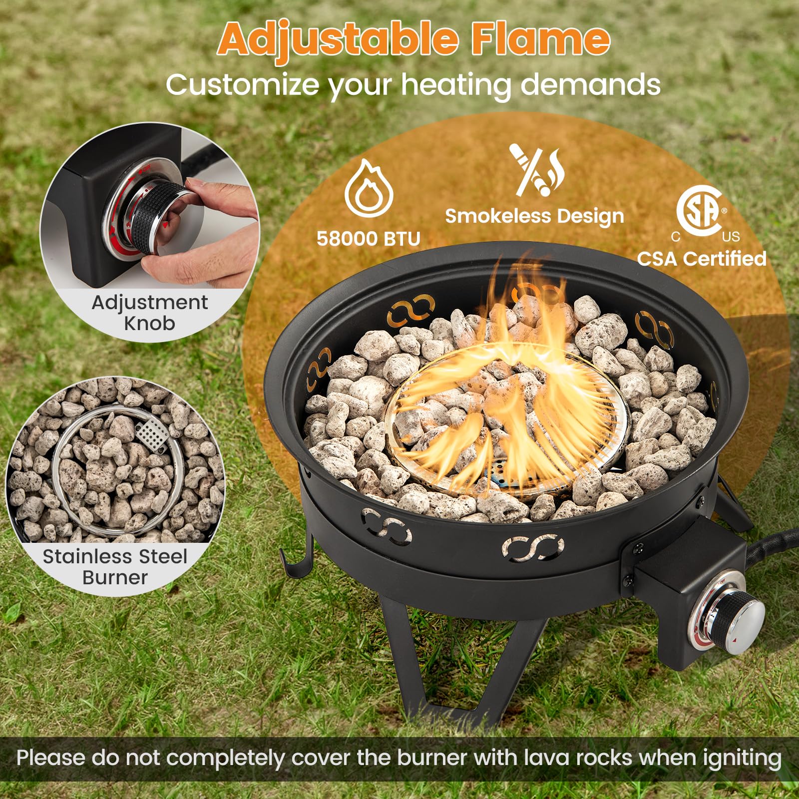 Giantex Portable Propane Fire Pit, 17" Small Outdoor Fire Bowl with Foldable Legs, Round Fireplace with Lid