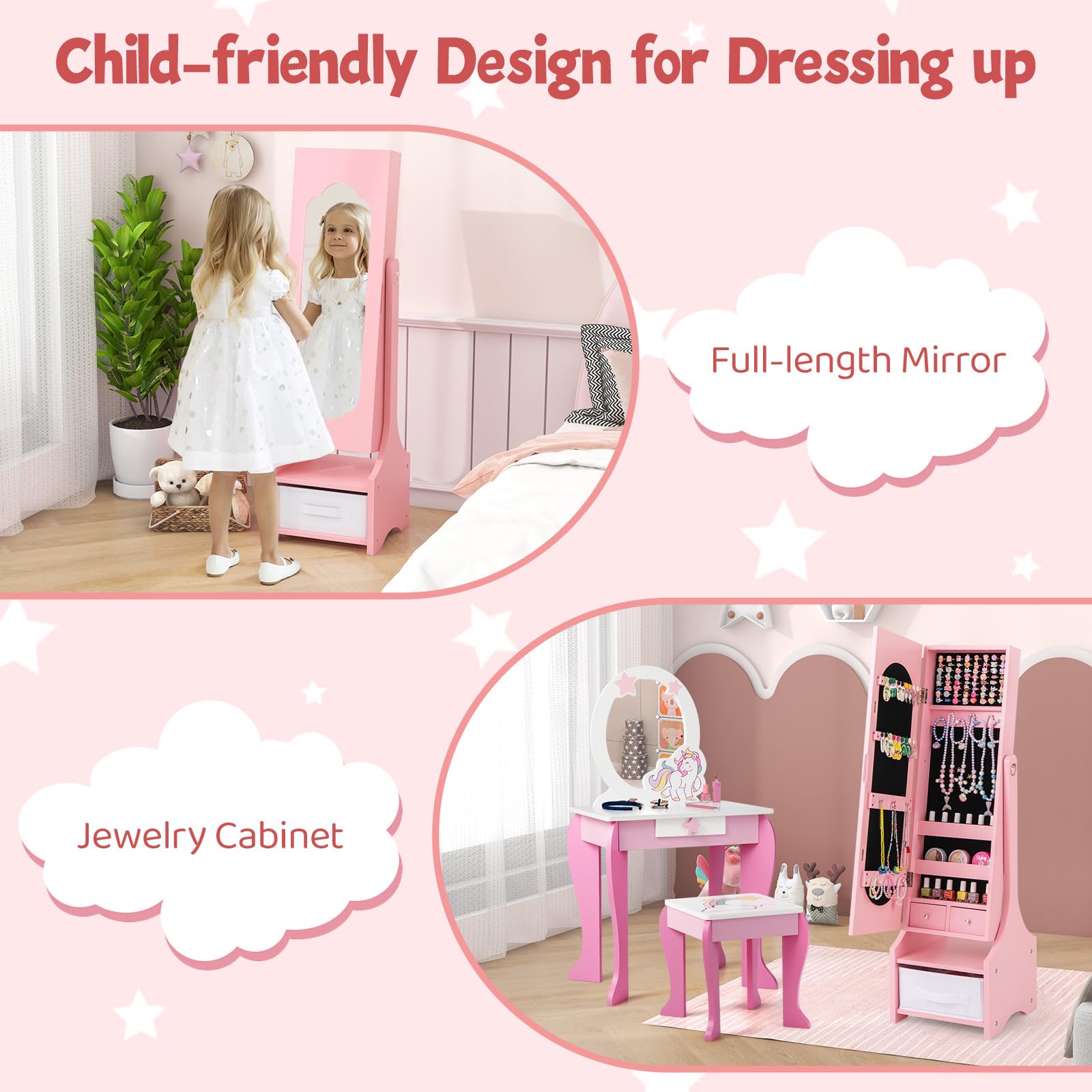 CHARMAID Kids Mirror Jewelry Armoire Cabinet - Standing jewelry Organizer for Girls