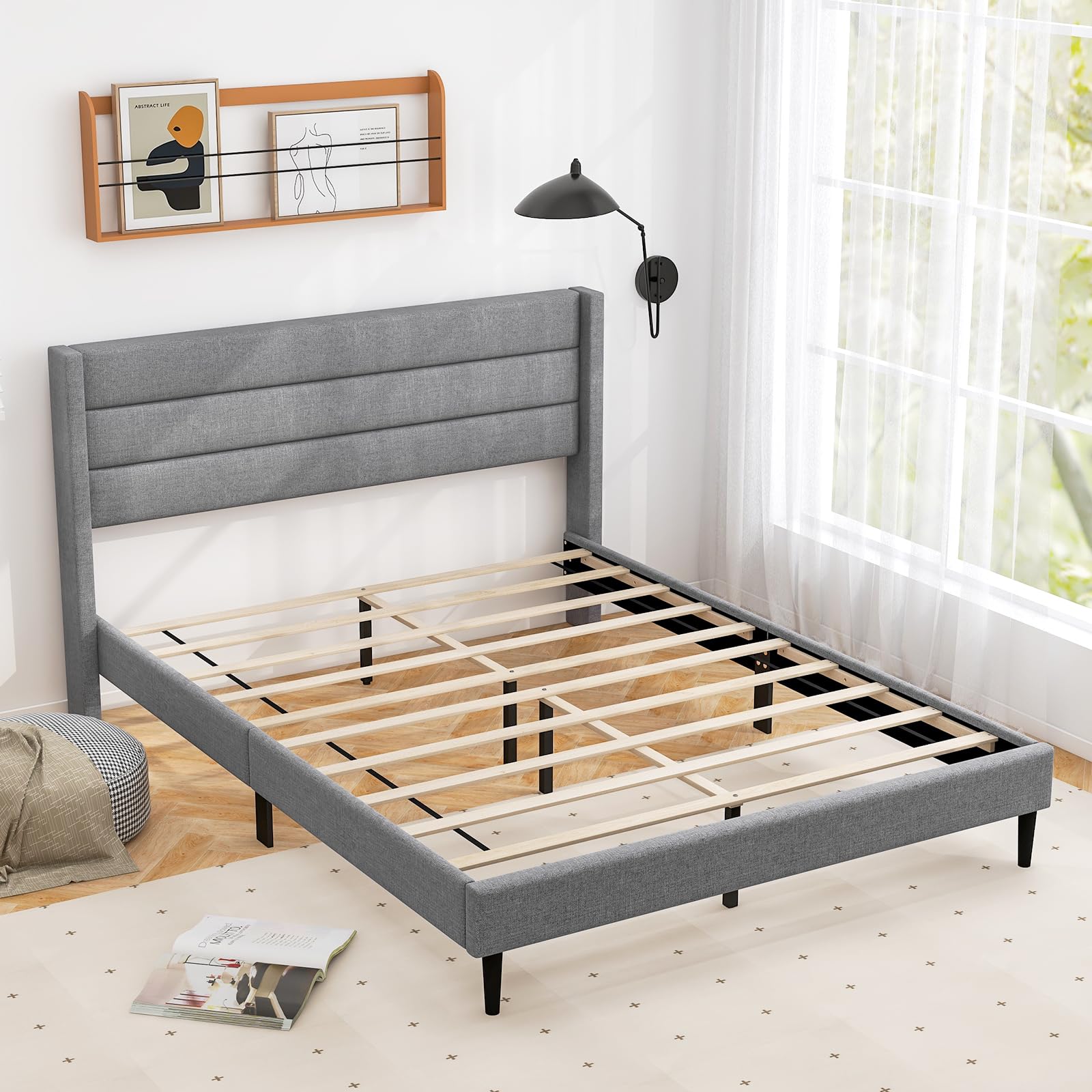 Giantex Bed Frame, Modern Linen Upholstered Platform Bed with Wingback Headboard