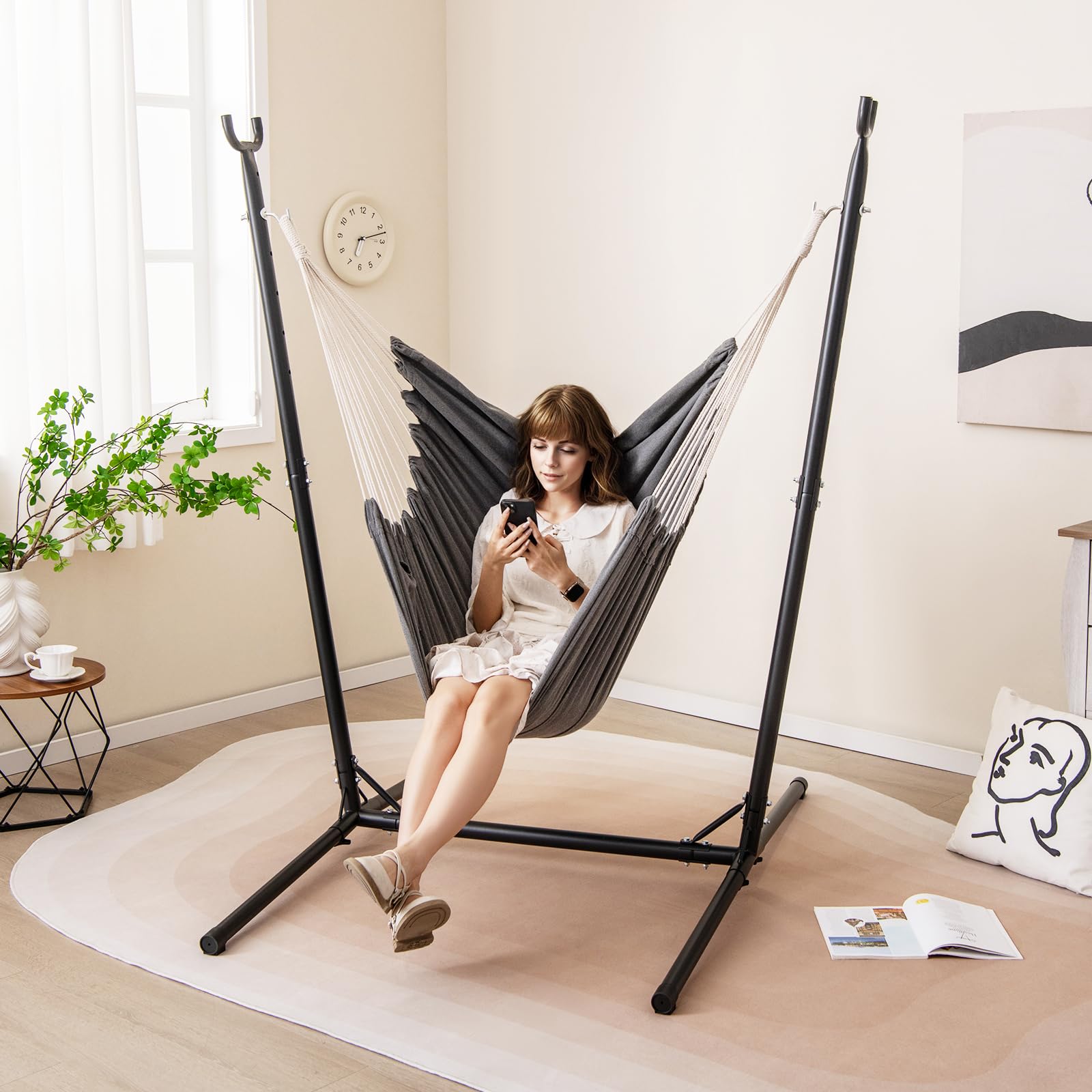 Giantex Hammock Chair with H-Shaped Stand - Heavy Duty Swing Chair with 6-Position Adjustable Height and Side Pocket