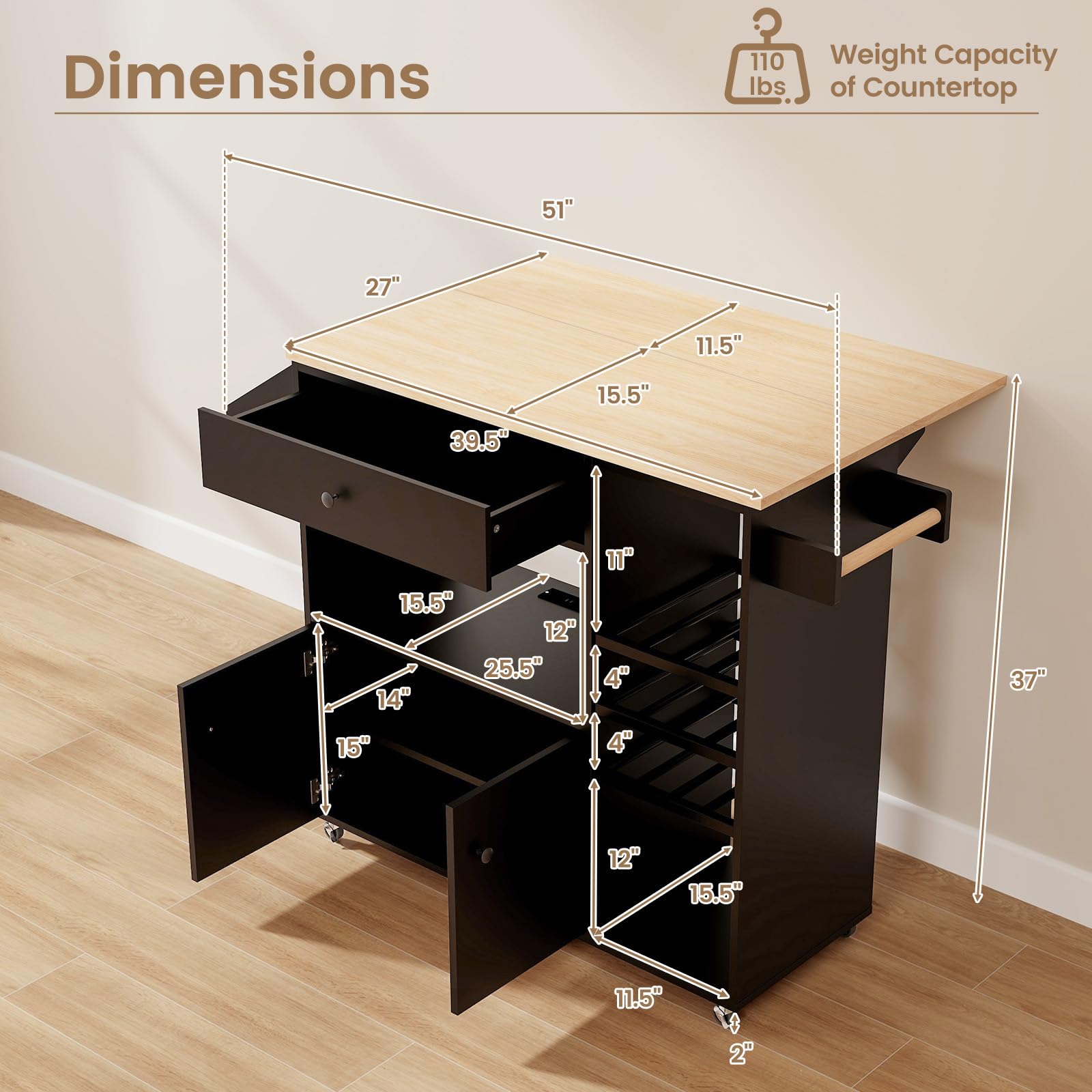 Giantex Rolling Kitchen Island Cart with Drop Leaf, Power Outlet, Spice Rack, 12 Wine Rack