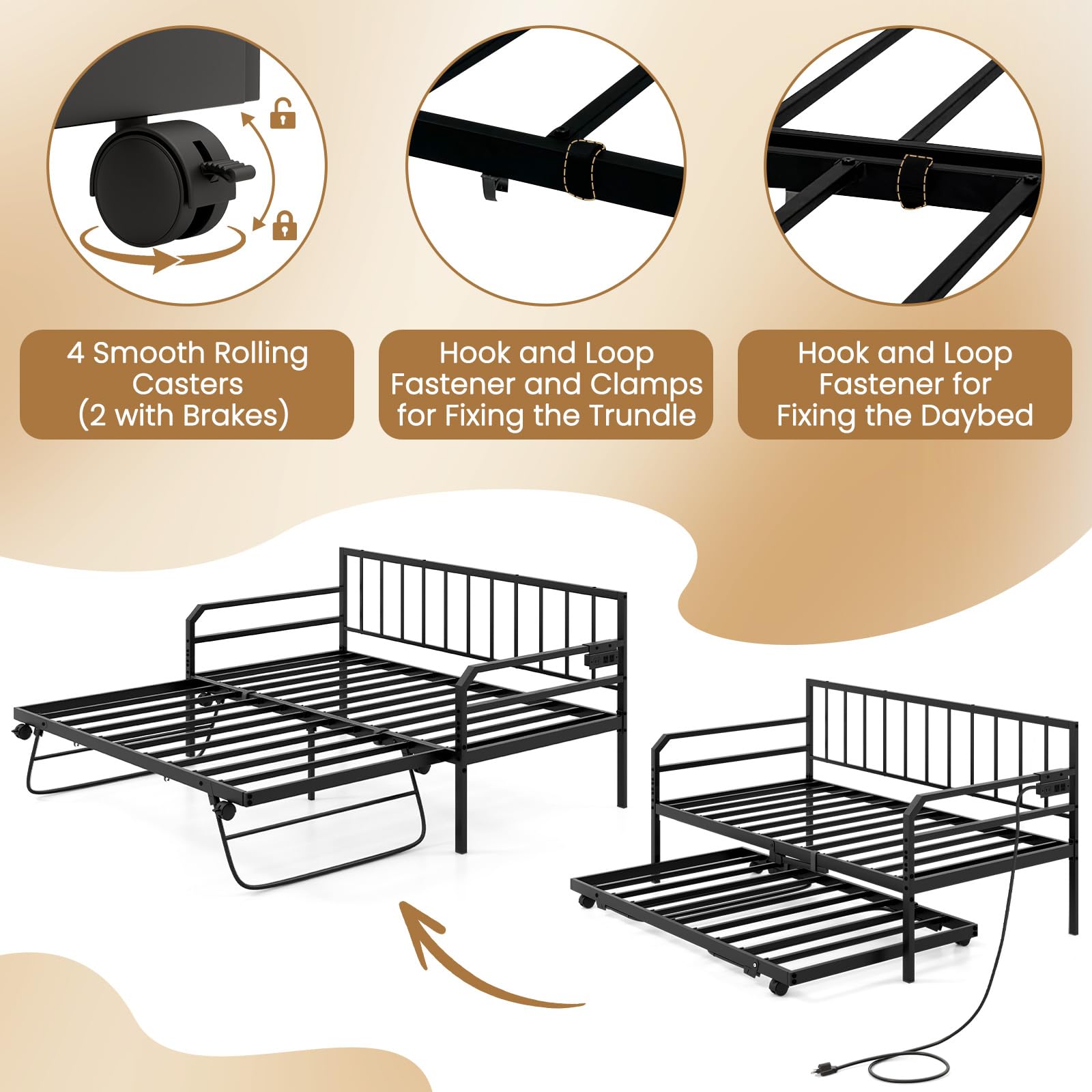 Giantex Twin Daybed with Trundle, Twin Bed Frame with Charging Station & LED Lights, Metal Trundle Bed Twin w/Steel Slats Support