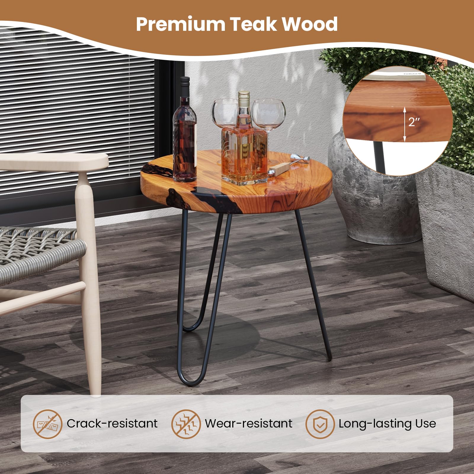 Giantex Outdoor Side Table Teak Wood - 20” Round End Table with Epoxy Resin Tabletop