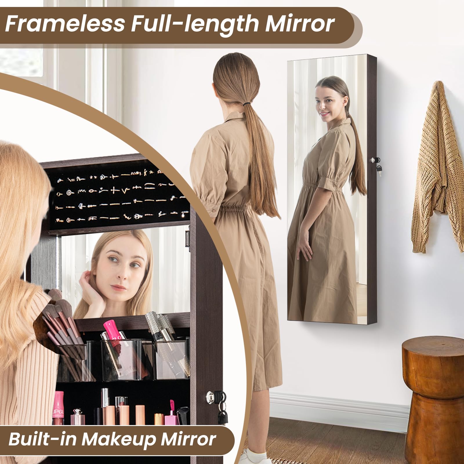 CHARMAID Jewelry Cabinet Wall or Door Mounted, Hanging Lockable Jewelry Armoire Storage with Full Length Mirror