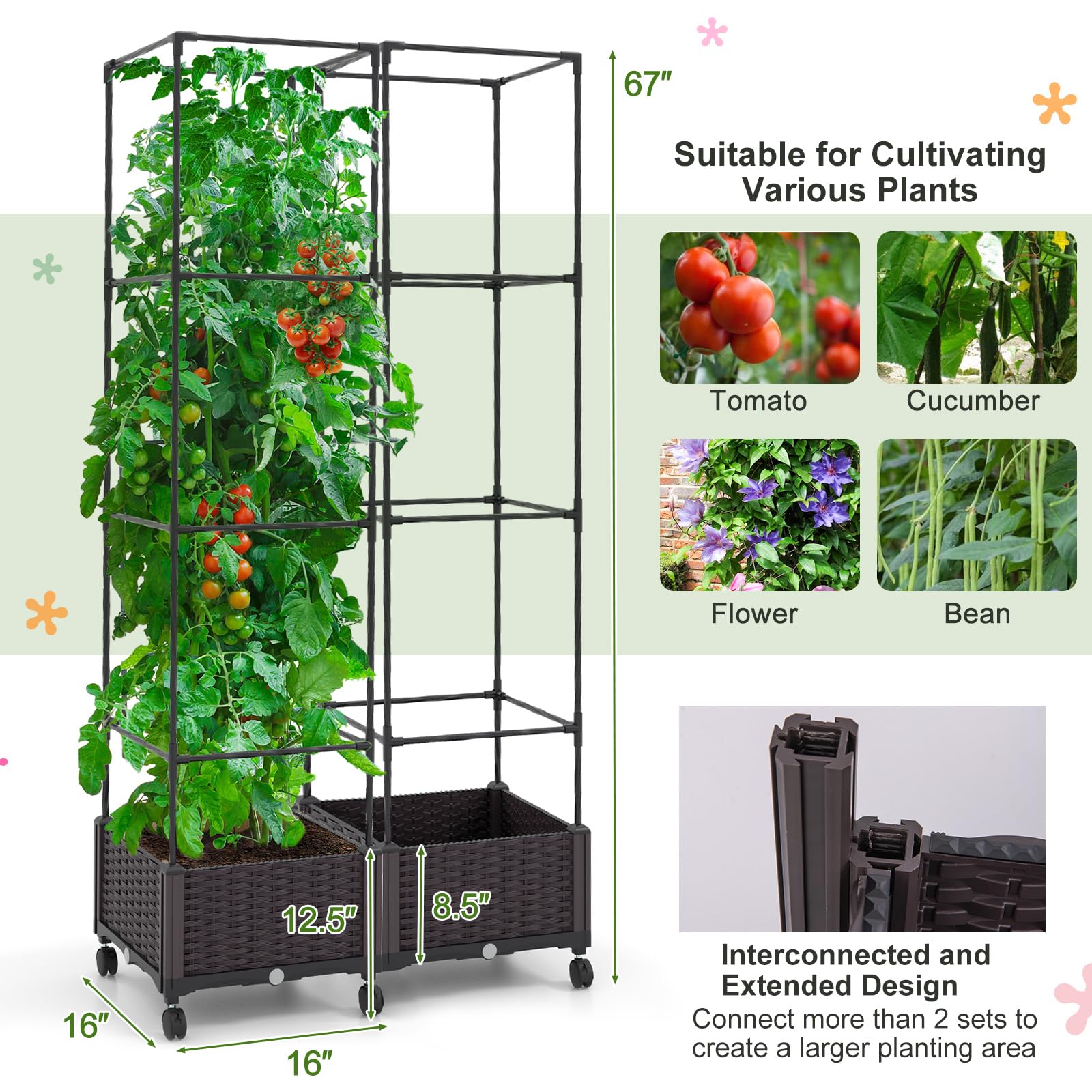 Giantex Raised Garden Bed with Tomato Cages, 67” Adjustable Height