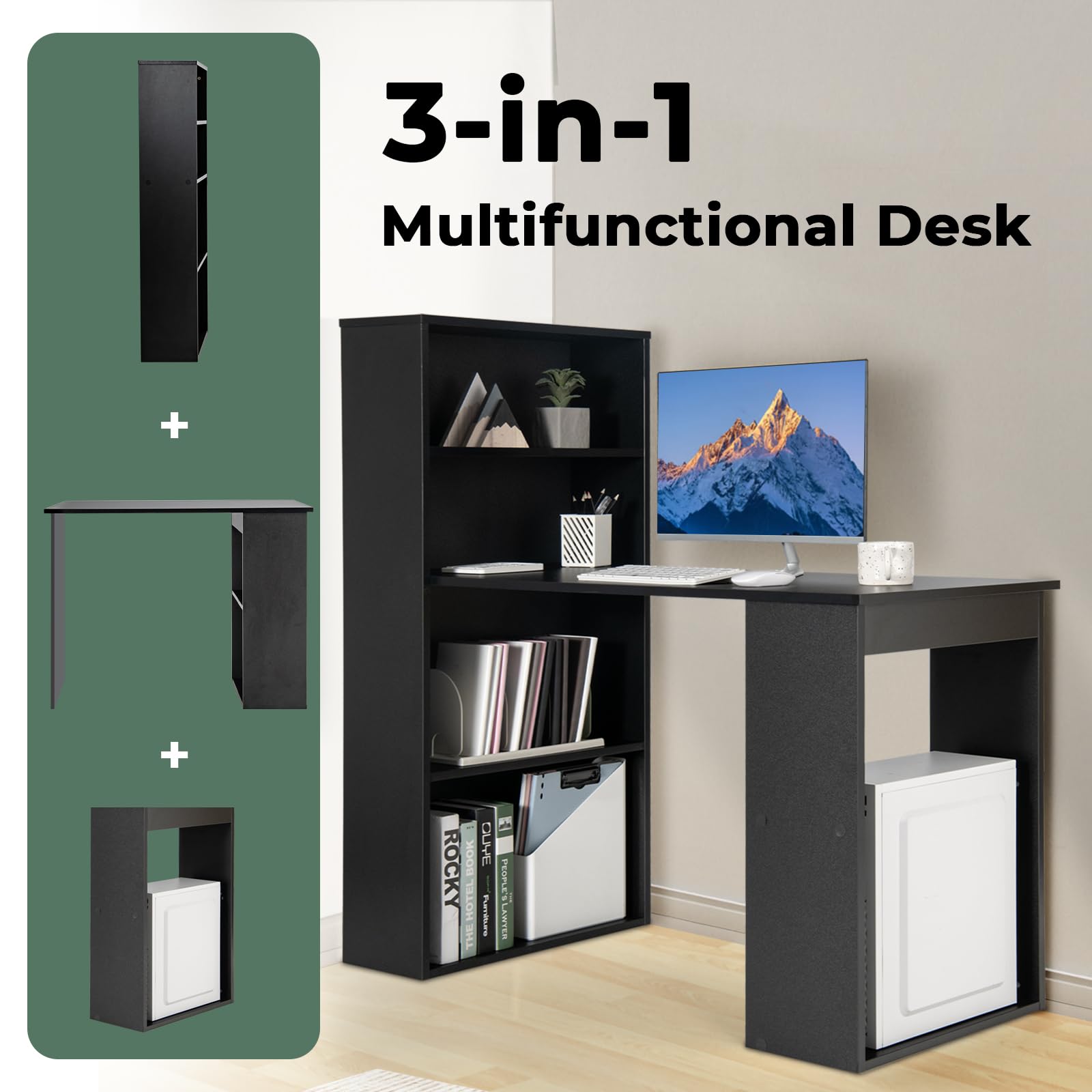 Giantex 48 Inch Computer Desk with Bookshelf, 3-in-1 Home Office Desk with 4-Tier Bookcase & CPU Stand