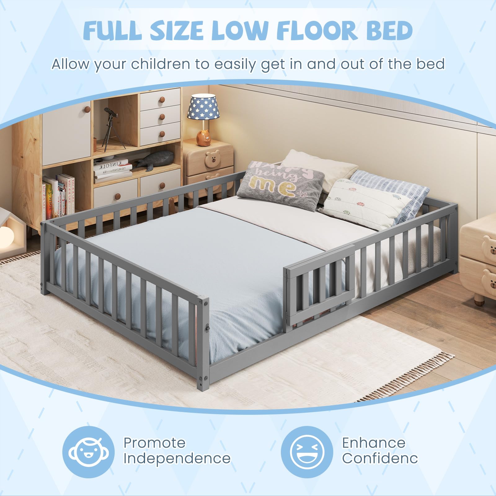 Giantex Full Size Floor Bed for Kids, Montessori Floor Bed with Wood Slats & Safety Guardrails