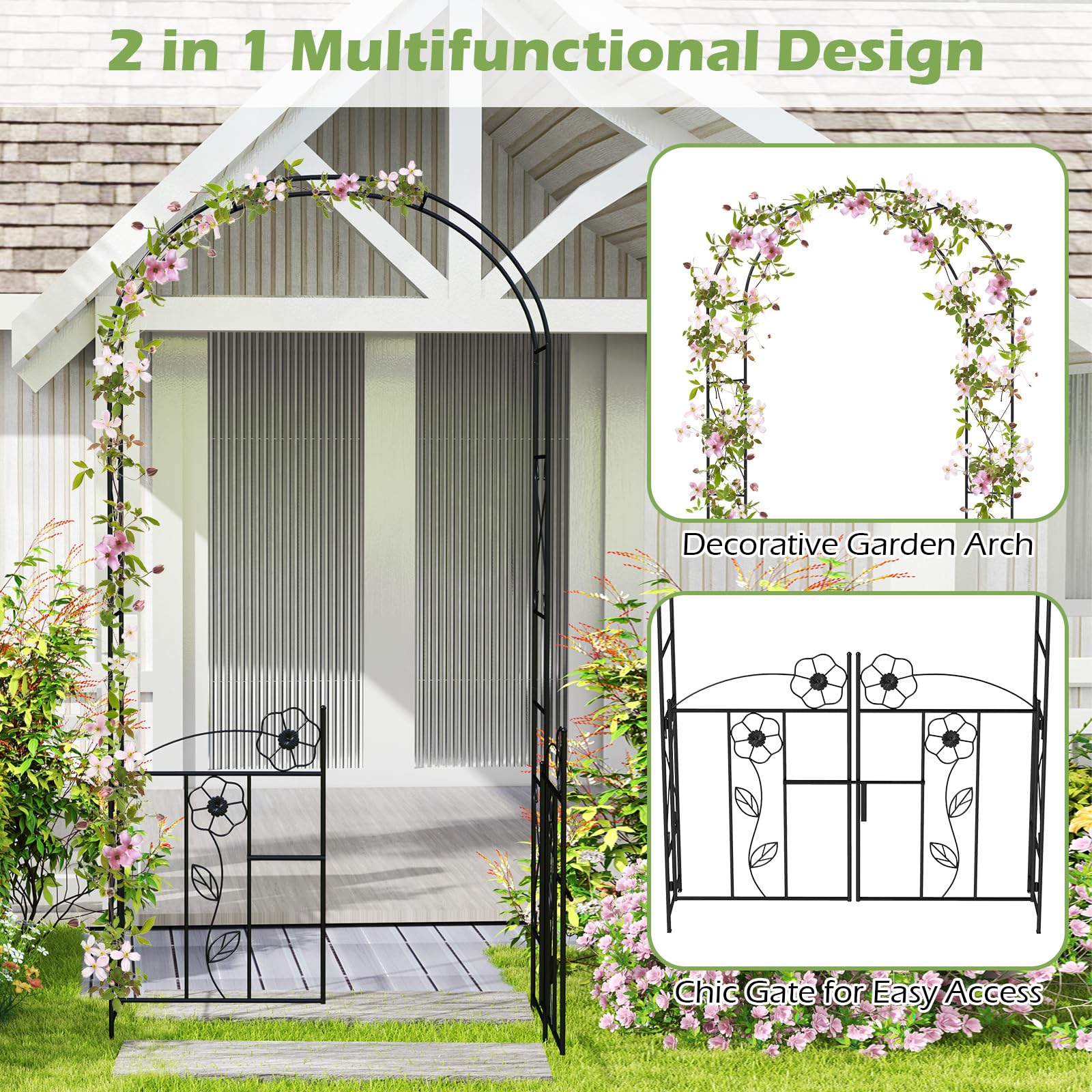 Giantex Garden Arbor with Gate, 7.5FT Metal Arch Trellis for Climbing Plants Rose Ivy, Archway Pergola with Flower Door