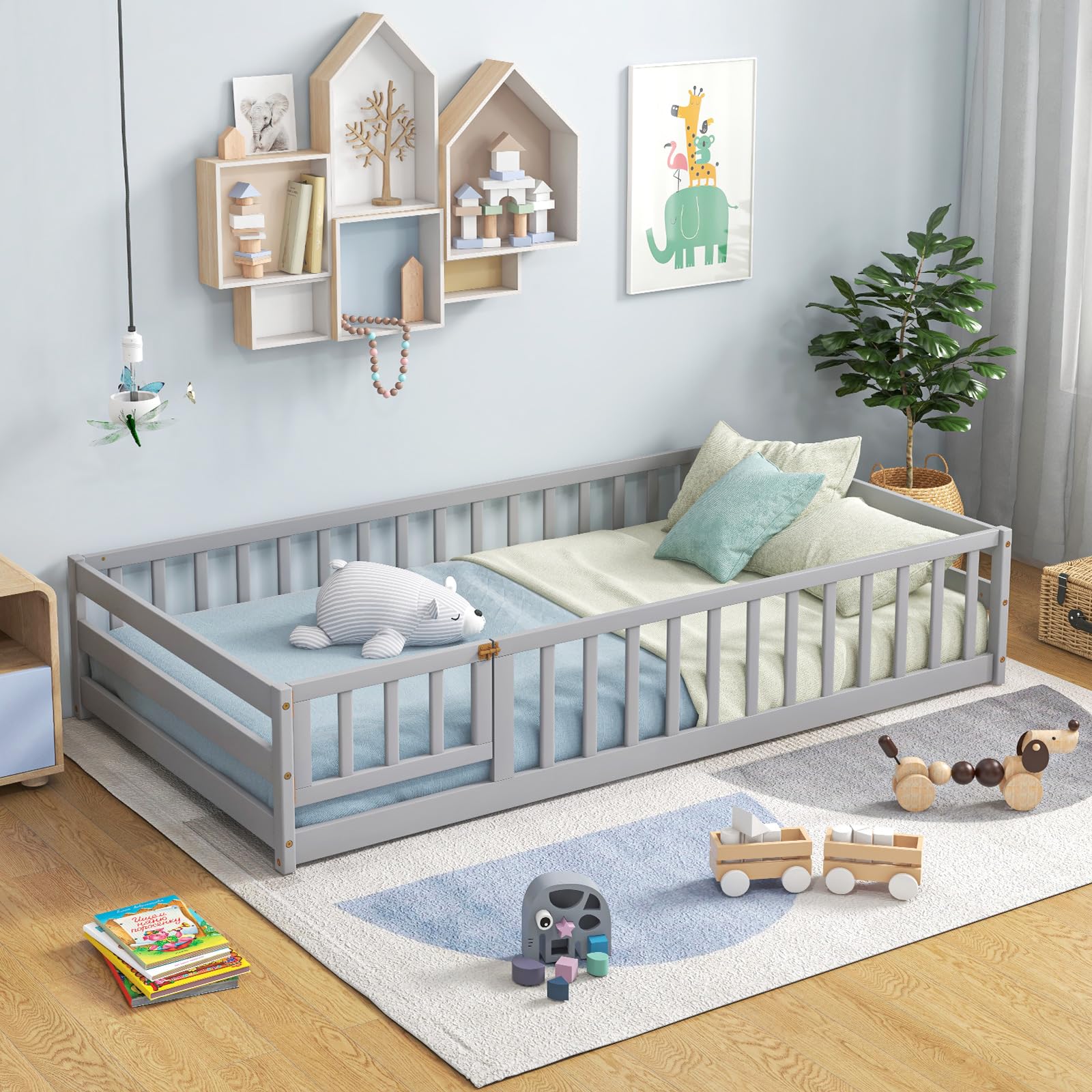 Giantex Twin Floor Bed with Door & Fence, Kids Wood Montessori Bed with Safety Guardrails