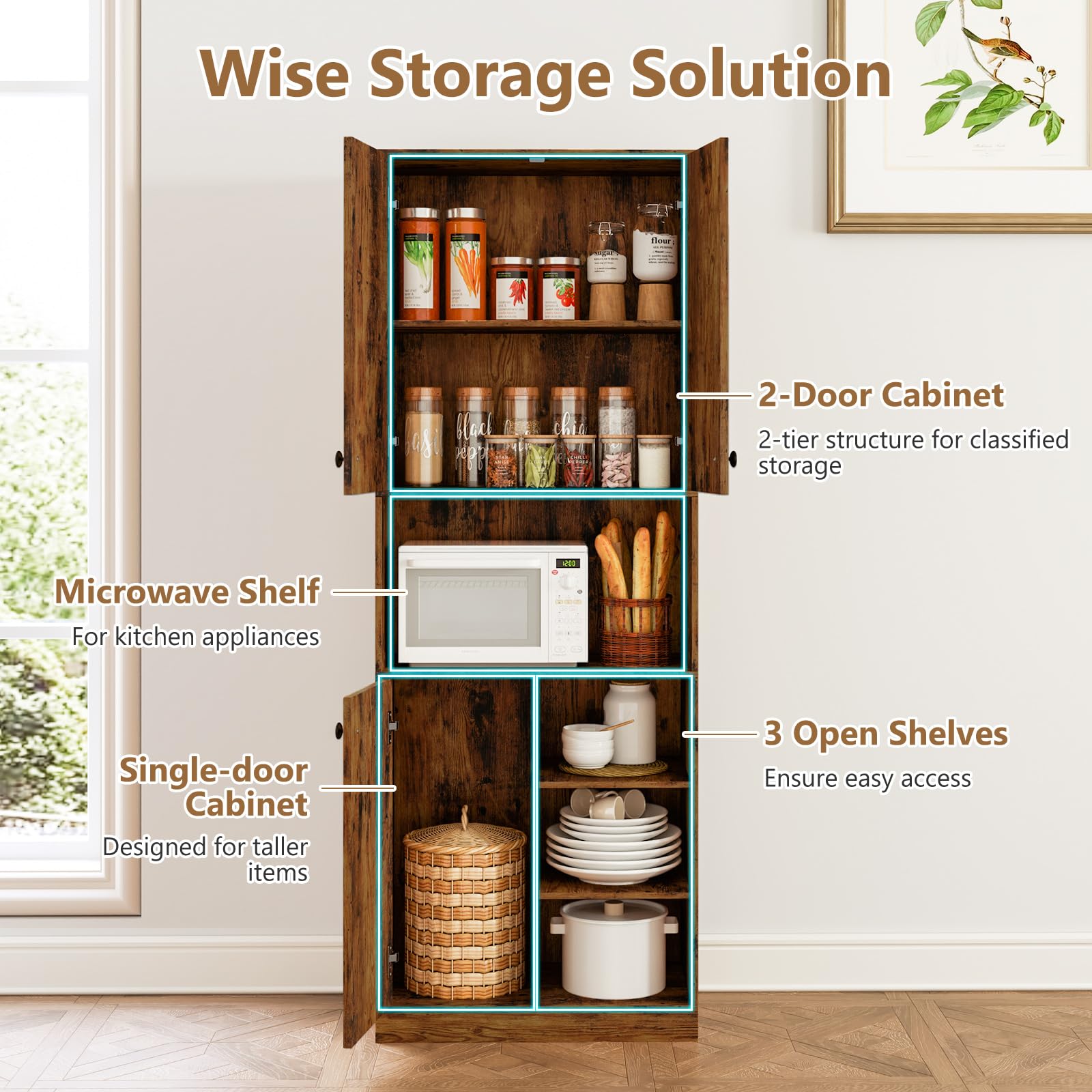 Giantex Pantry Organizers and Storage, 65.5" Tall Pantry Cabinet with Buffet Hutch, Microwave Countertop