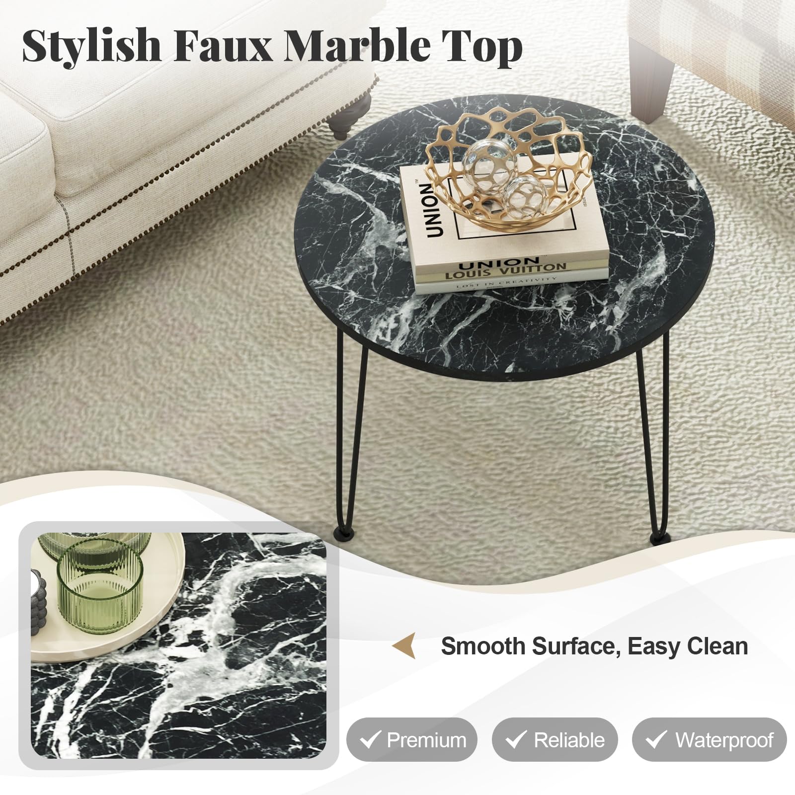 Giantex Round Coffee Table, Faux Marble Center Table with Metal Legs, Sofa Accent Side Table