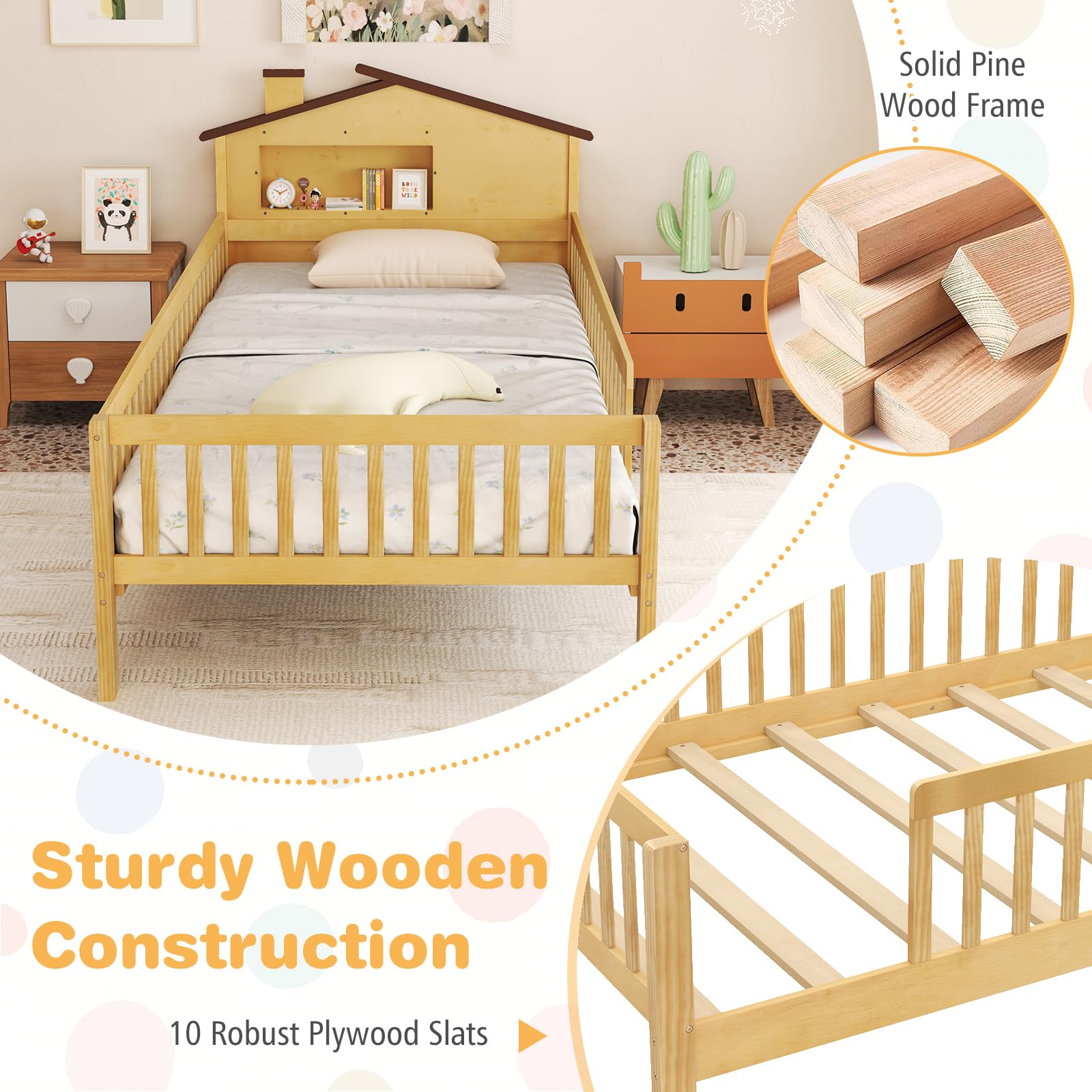 Giantex Twin Bed Frames for Kids, Solid Wood Montessori Bed with House-Shaped Headboard & Built-in Storage Shelf