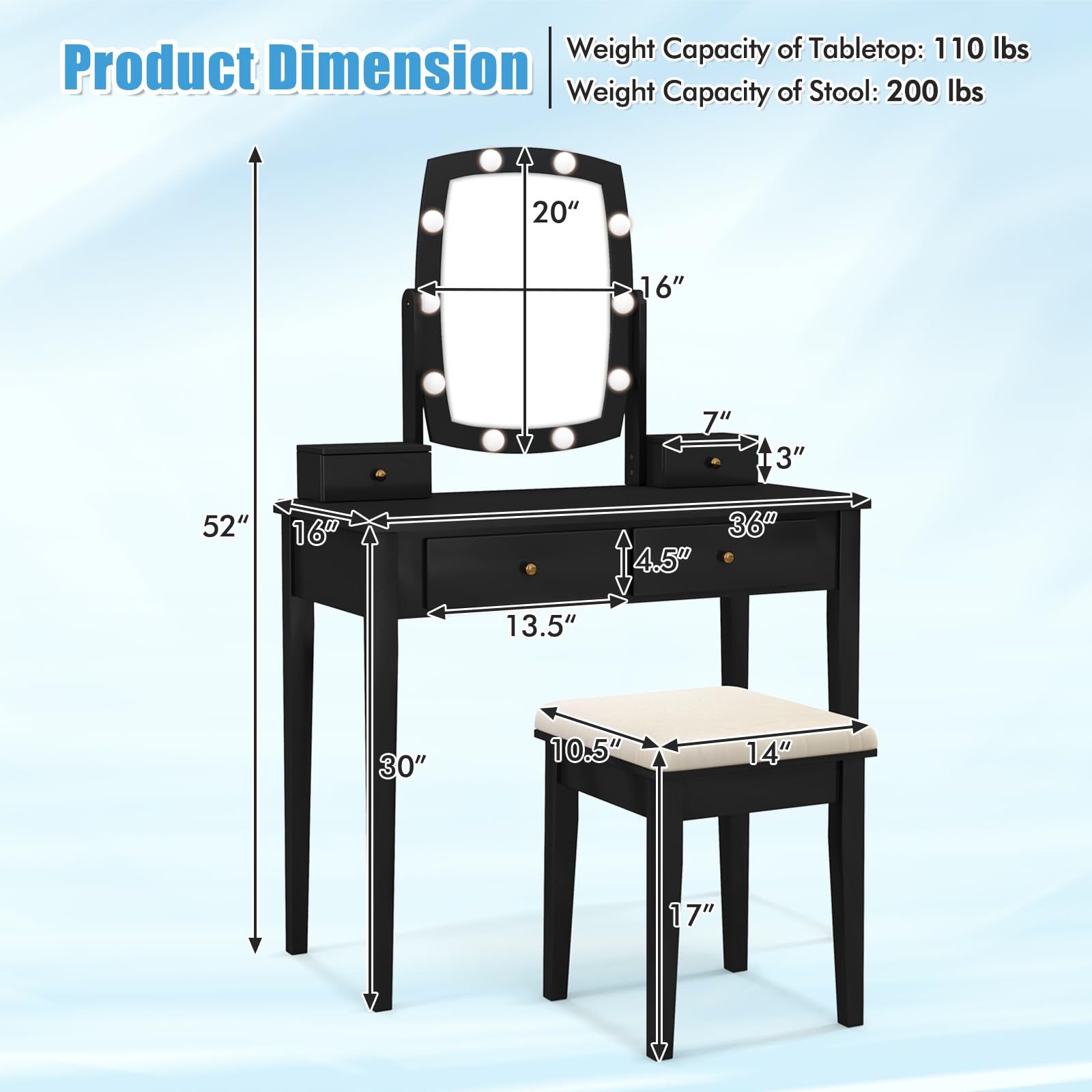 CHARMAID Vanity Desk with Mirror and Lights, Makeup Vanity Table with Swivel Mirror, Girls Bedroom Makeup Dressing Table with Stool