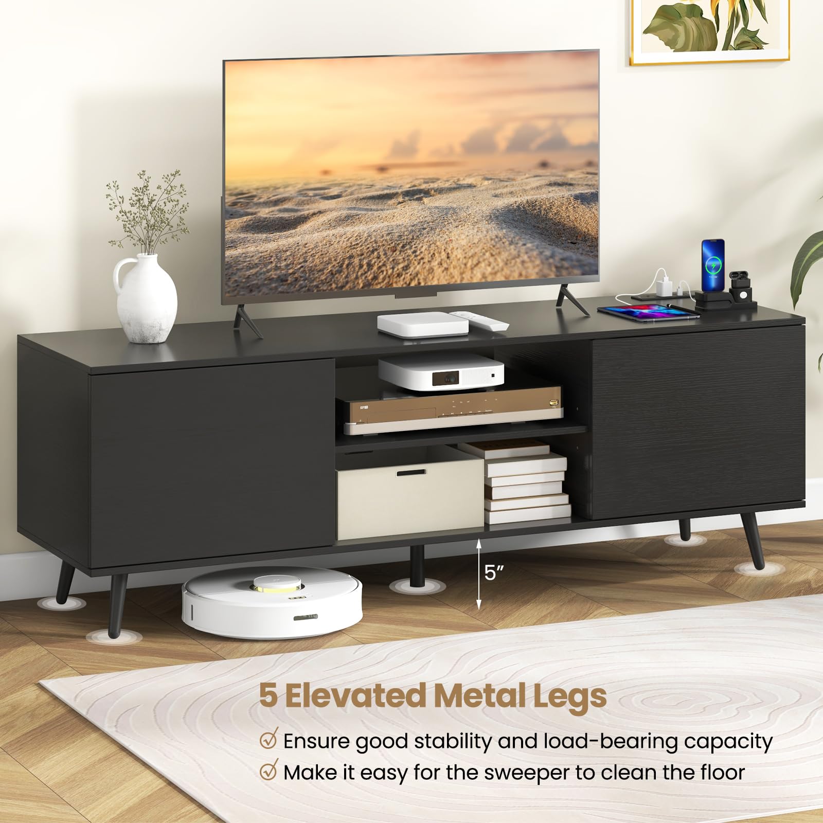 Giantex TV Stand with Power Outlet for TVs up to 60'', Entertainment Center with Cable Hole, Cabinets