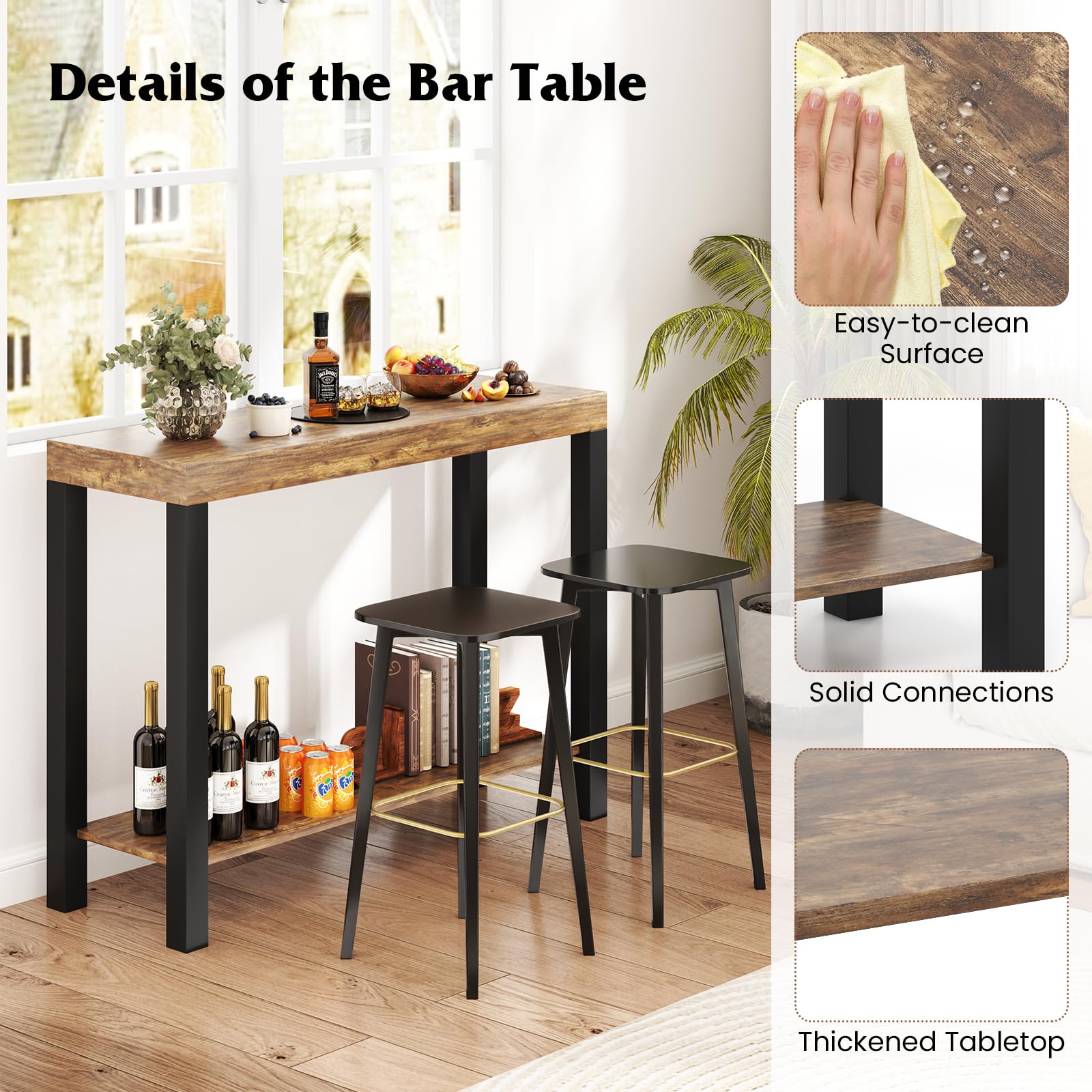 Giantex 48-Inch Bar Table, Narrow Pub Table with Counter Height, Open Shelves, Solid Wood Frame