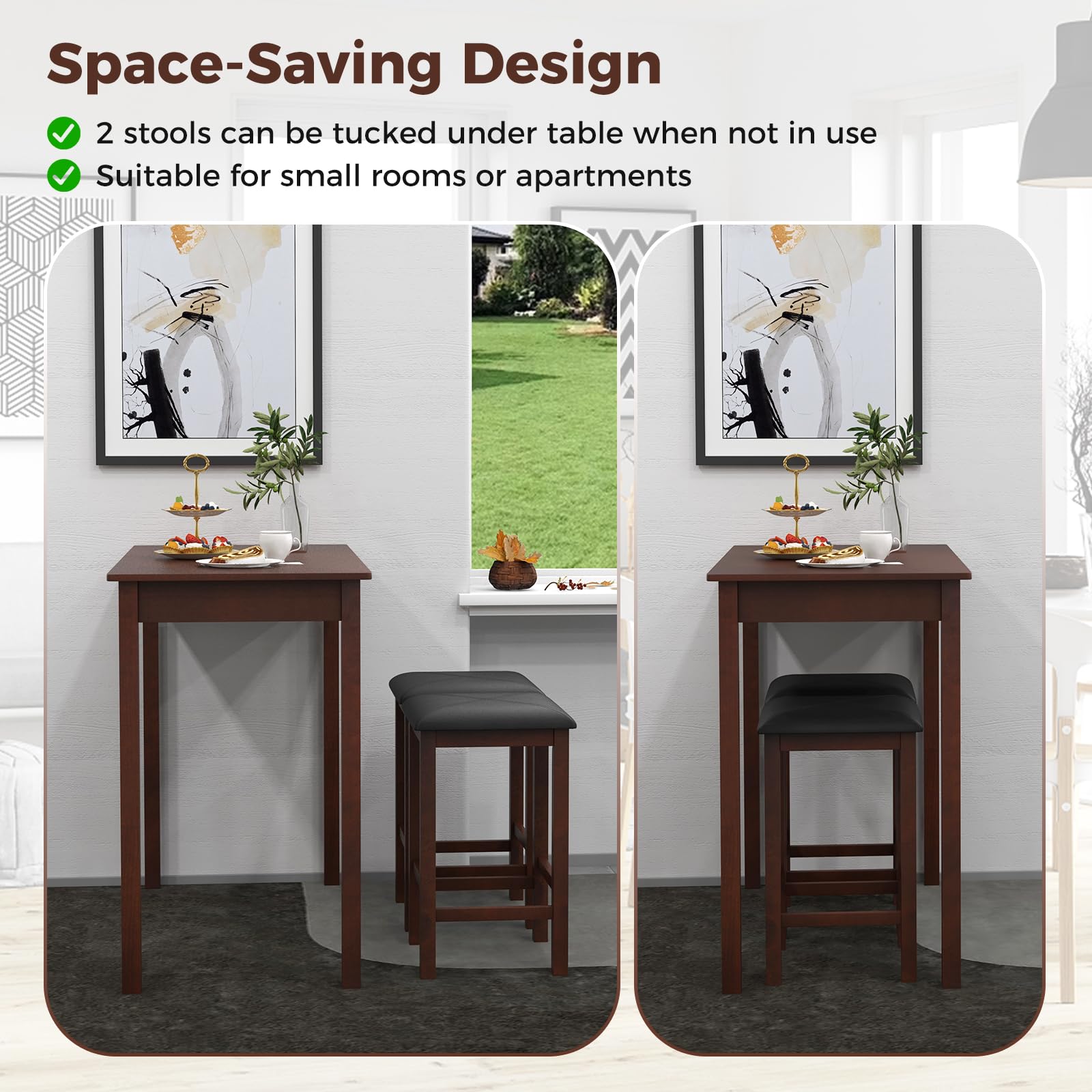 Giantex Dining Table Set for 2, Counter Height Dining Table Set with 2 Bar Stools, Wood Legs, Dinette Table Set