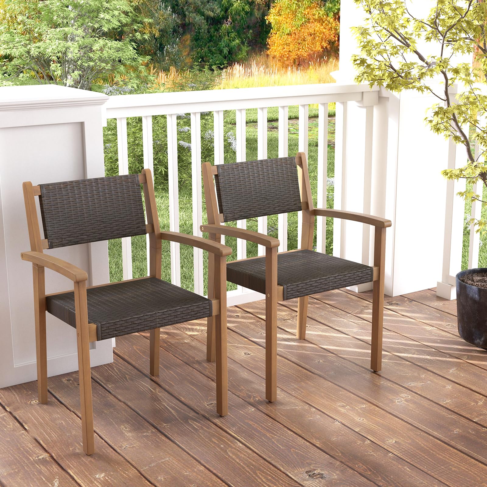 Giantex Stackable Outdoor Wicker Dining Chair Set, Rattan Armchairs w/Acacia Wood Frame