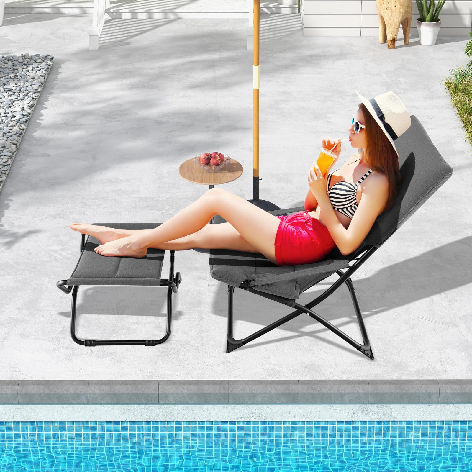 Giantex Patio Folding Chairs with Footrest, Outdoor Lounge Chair with Removable Cushion