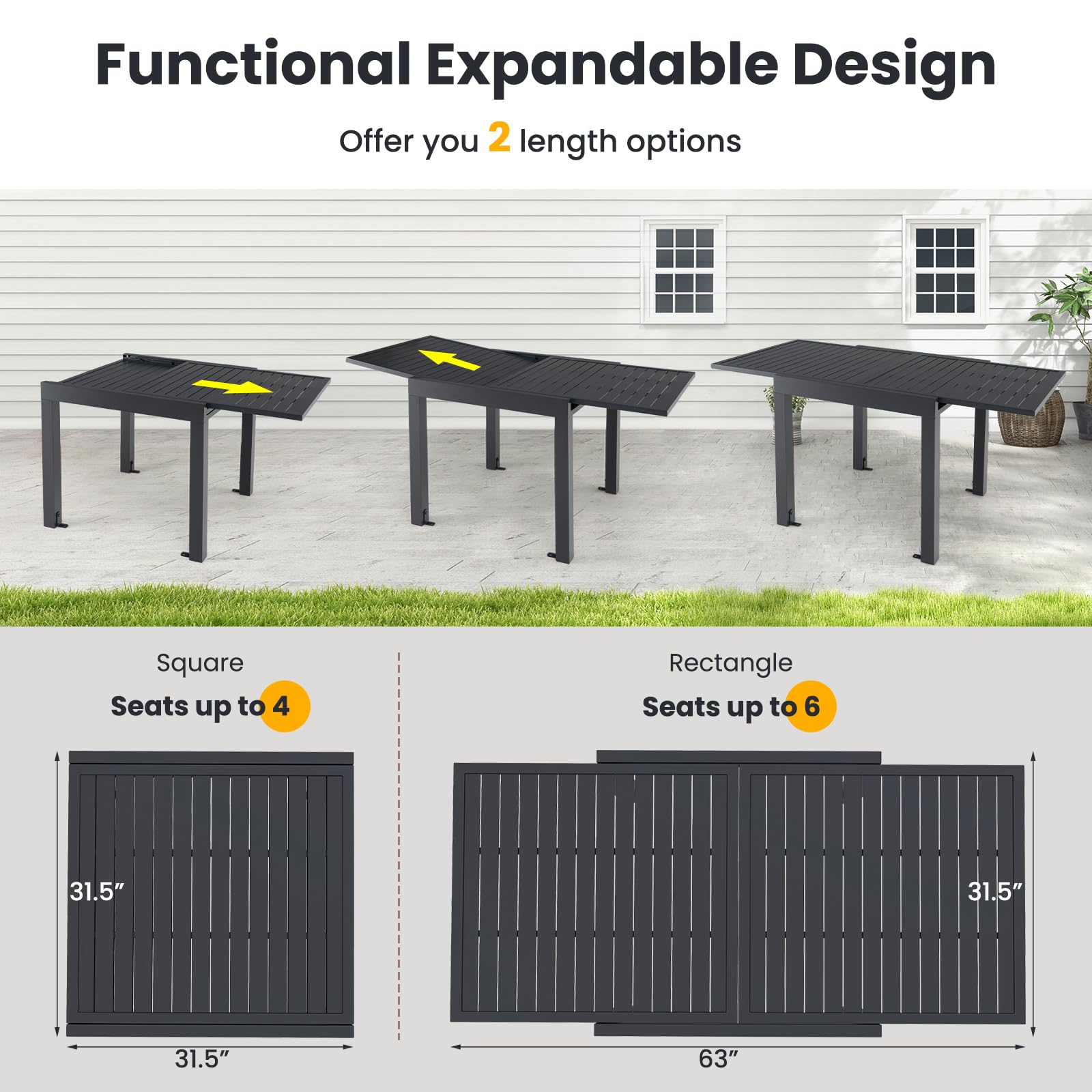 Giantex Expandable Patio Table, 31.5”-63” Extendable Aluminum Dining Table for 4-6 People