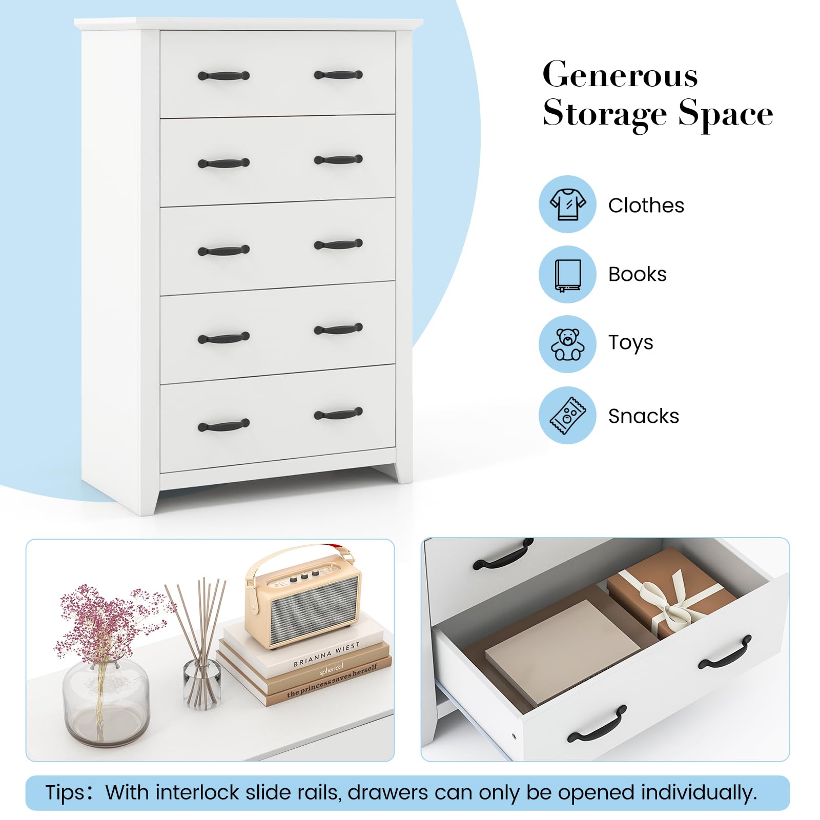 Giantex 5 Drawer Dresser Chest of Drawers - Vertical Dresser with 5 Pull-Out Drawers for Bedroom, Living Room, Entryway