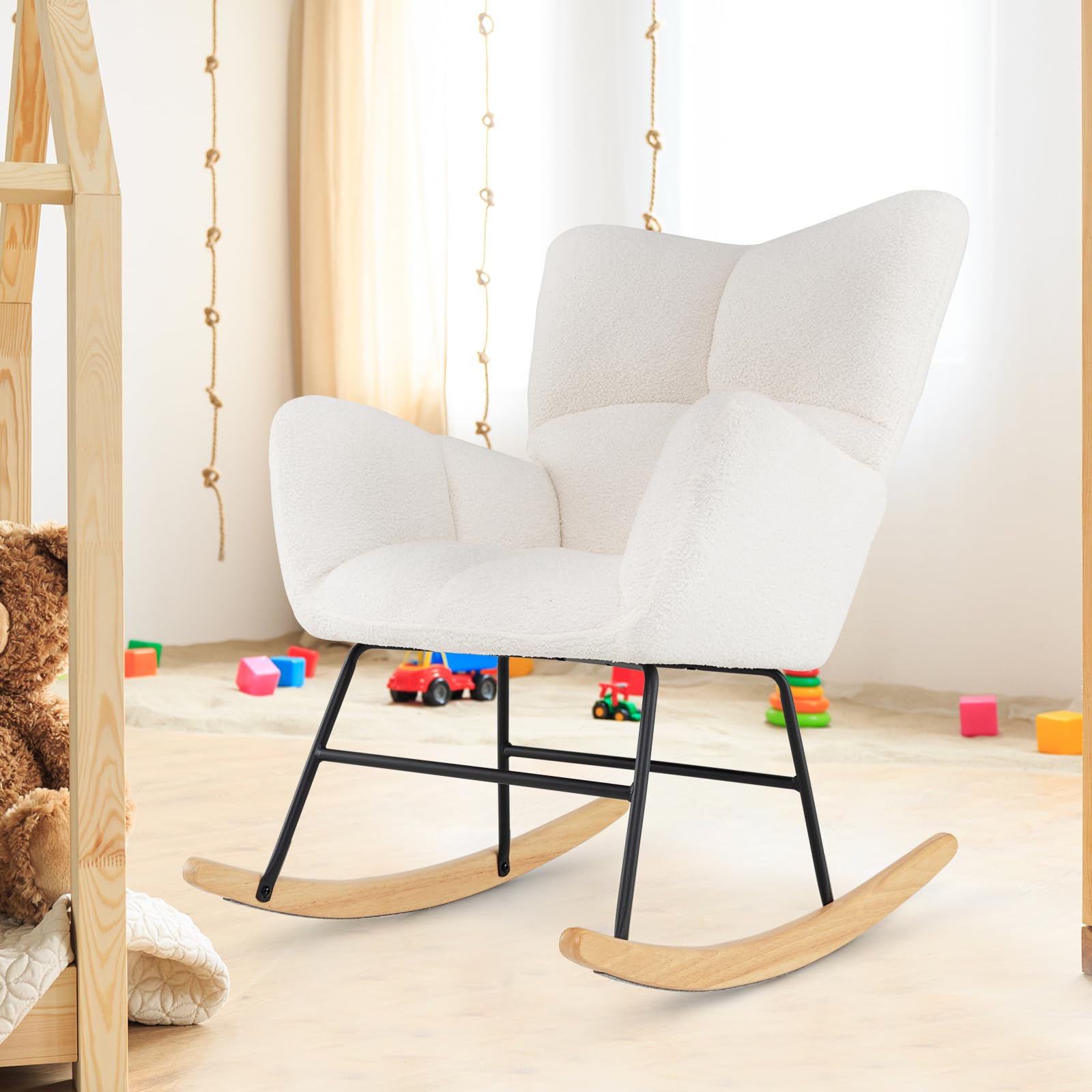 Giantex Rocking Chair Nursery, Teddy Upholstered Glider Rocker Chair w/High Backrest