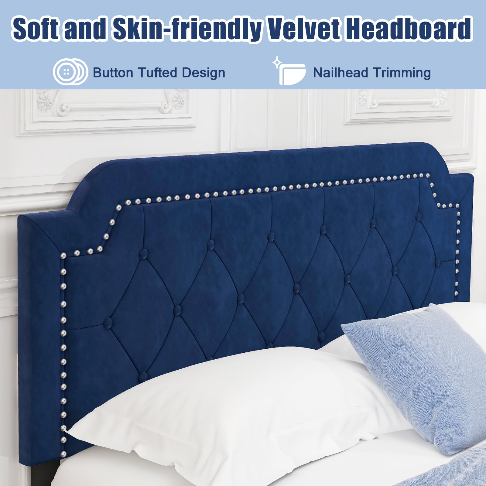 Giantex Velvet Queen Size Bed Frame, Upholstered Platform Bed with Button Tufted & Nailhead Trim Headboard