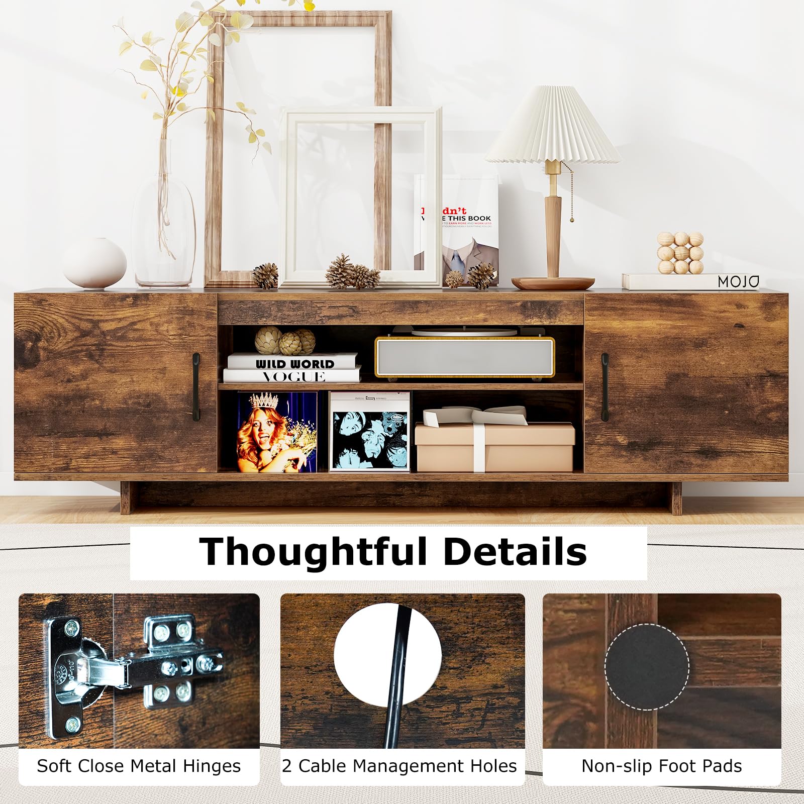 Giantex TV Stand with Power Outlet for TVs up to 70”, Entertainment Center w/ 2 Cable Holes, Open Shelves