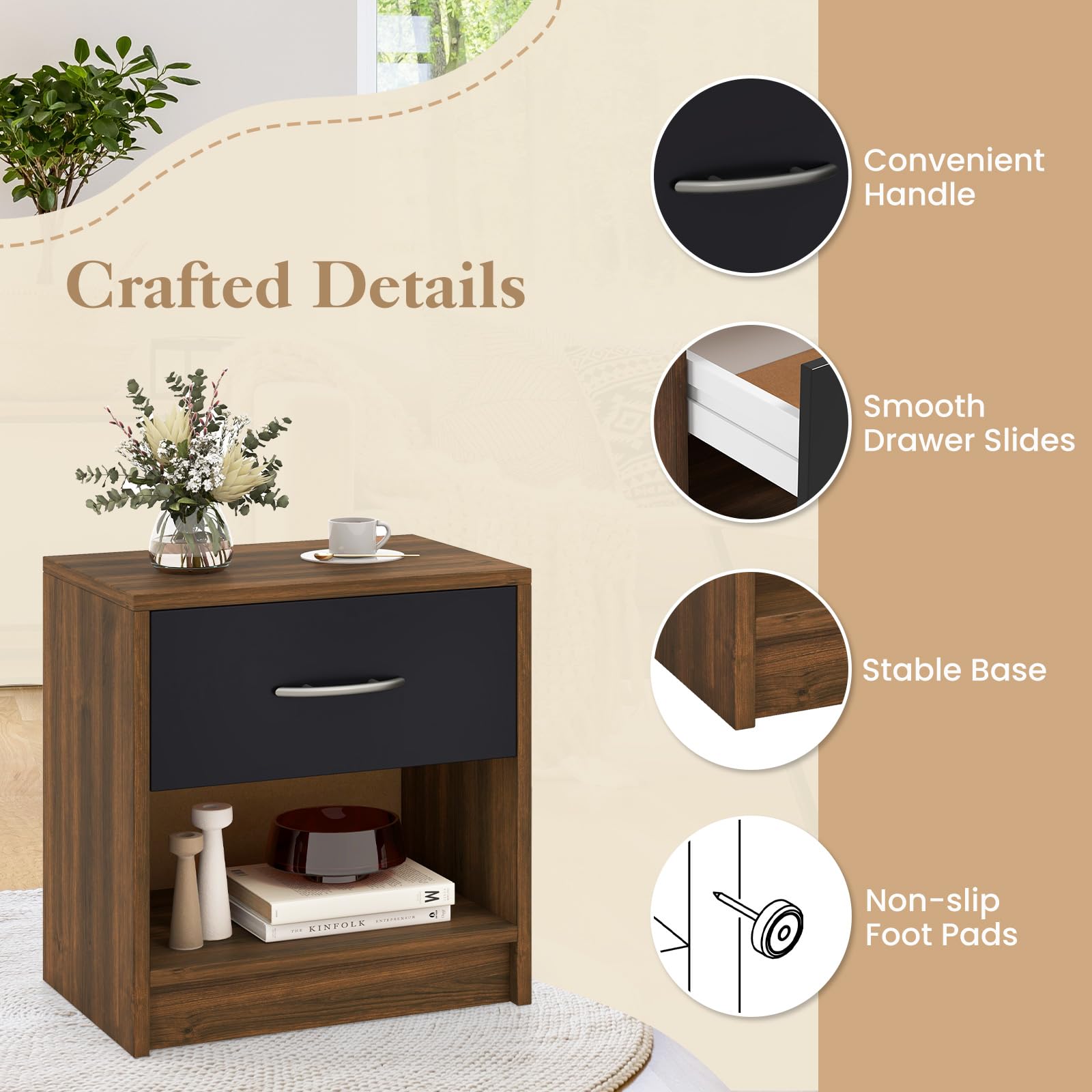 Giantex Night Stand Set of 1/2 with Drawer, Wood  End Table with Open Storage Shelf for Bedroom