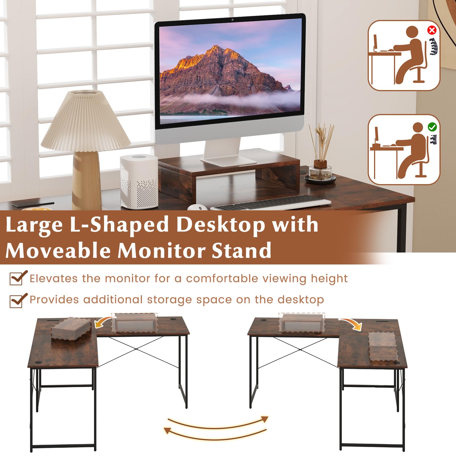 59 Inch Reversible Corner Desk with Power Outlet and USB Ports & Monitor Stand