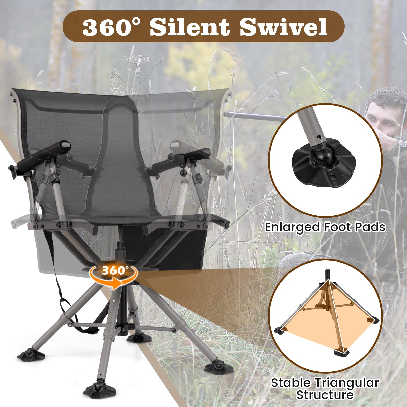 Giantex 360° Swivel Hunting Chair with Gun Rest, Adjustable Armrests, Telescopic Legs, All-Terrain Duck Feet