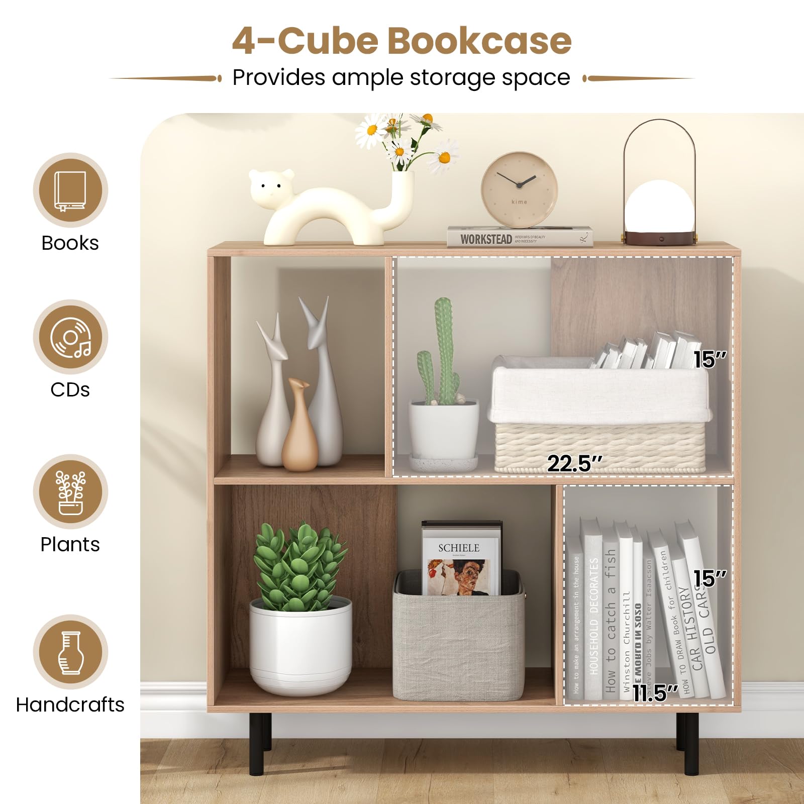 Giantex 3-Tier Bookcase, Modern Cube Bookshelf with 4 Compartments & Metal Legs, Minimalist Freestanding Storage Organizer