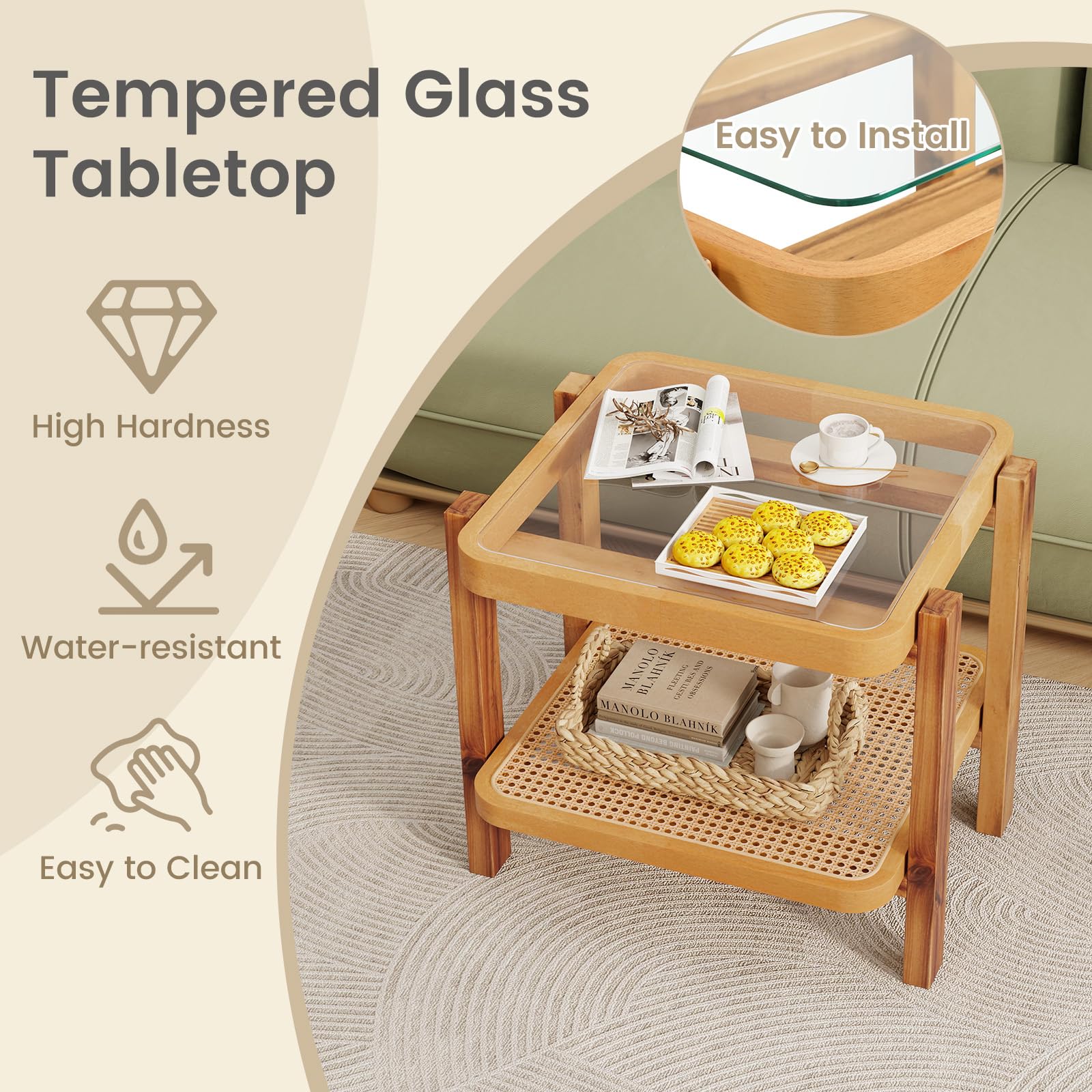 Giantex Rattan Side Table, Boho End Table for Living Room, Narrow Bedside Table with Tempered Glass Top