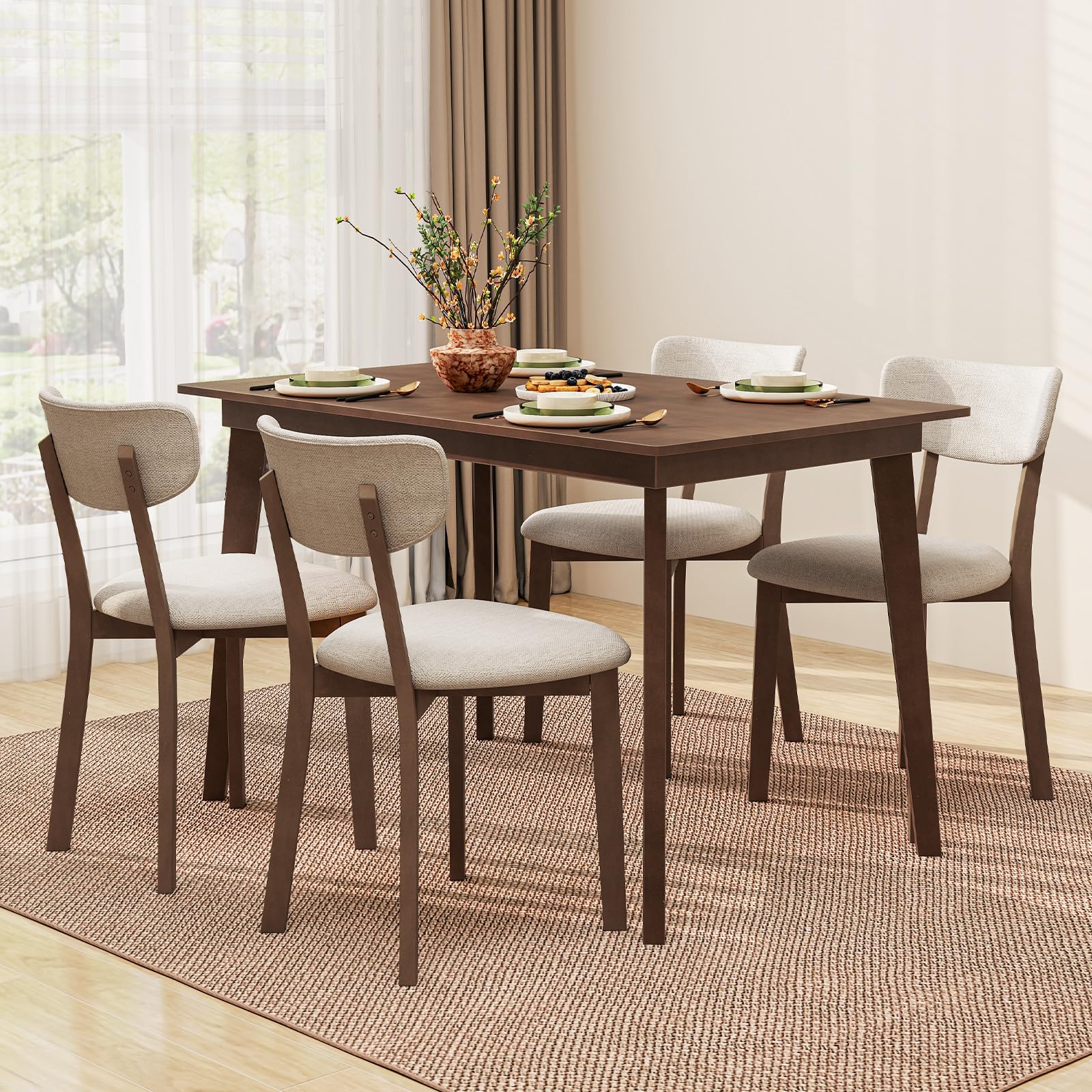 Giantex 5-Piece Dining Table Set for 4, Kitchen Table Set with 48” Dinner Table, Padded Seat, Rubber Wood Legs