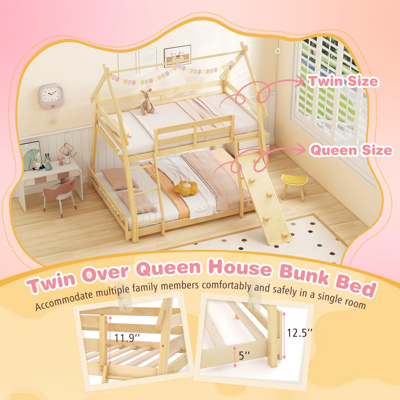 Giantex Twin Over Queen Bunk Bed, Wood House Bunk Bed for Kids with Climbing Nets and Ramp