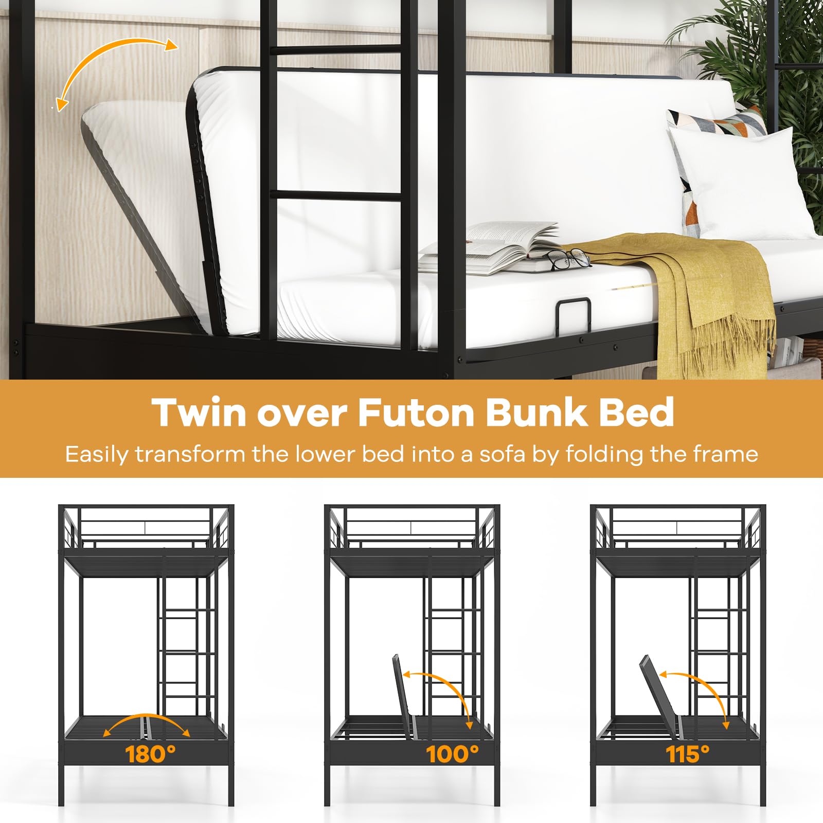 Giantex Twin Over Futon Bunk Bed, Metal Bunk Bed with Futon