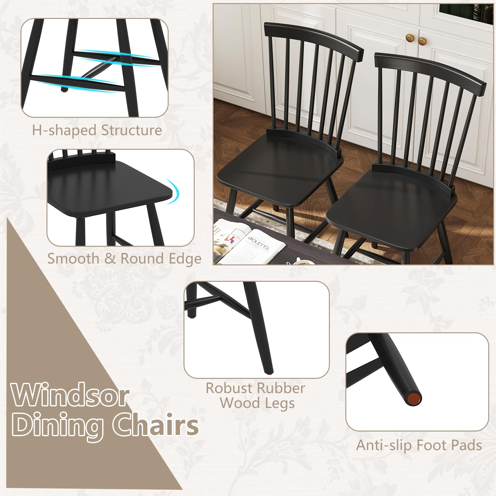 Giantex Windsor Dining Chairs Set of 2/4 Black, w/Wide Seat & Spindle Back, Max Load 400 Lbs