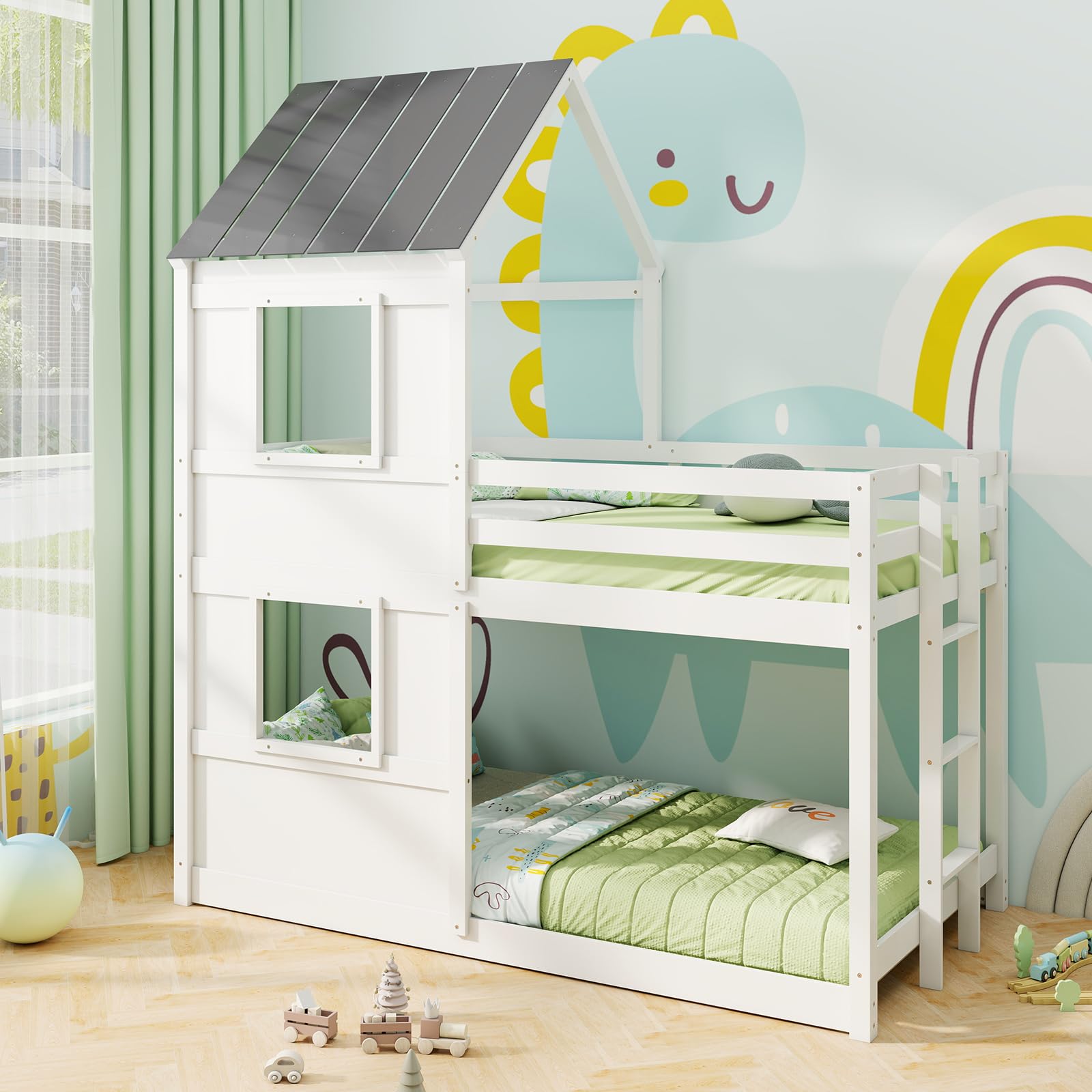 Giantex House Bunk Bed Twin Over Twin, Solid Wood Floor Bunk Bed with Built in Ladder, Window & Safety Guardrail