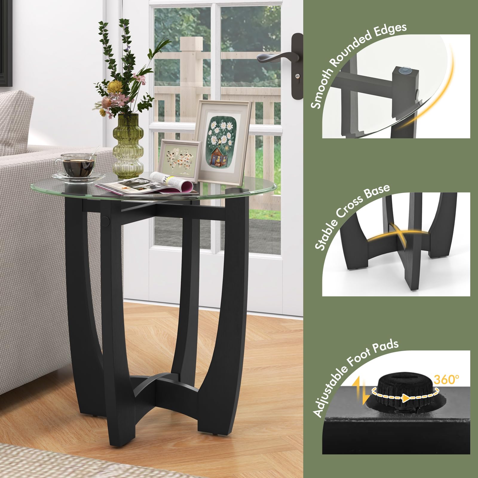 Giantex Glass End Table, Round Side Table with Rubber Wood Frame & Tempered Glass Top, 23.5" Small Black Coffee Table