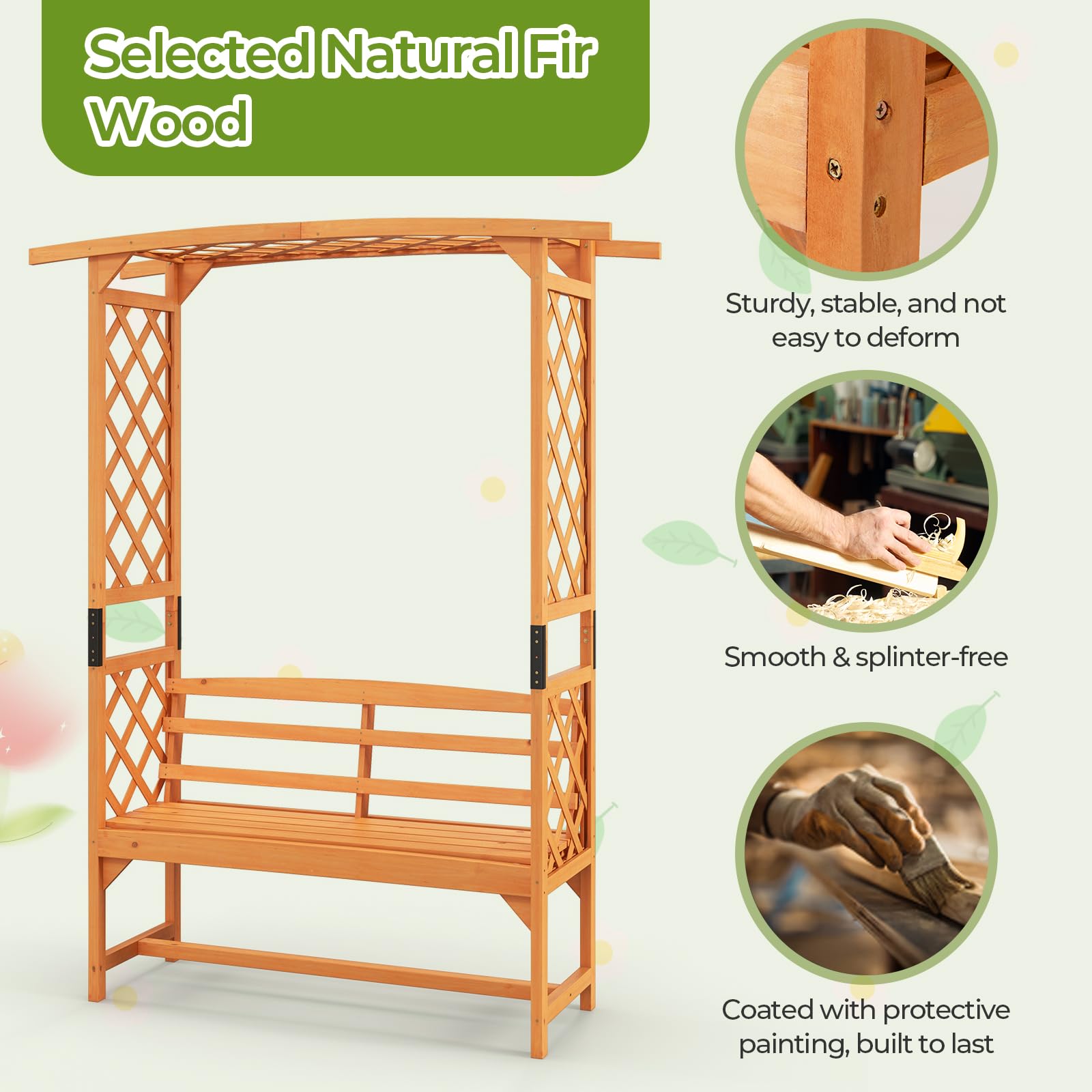 Giantex Garden Arch Trellis with Bench - 63''W x 79''H Wooden Arbor with 2-Person Outdoor Bench