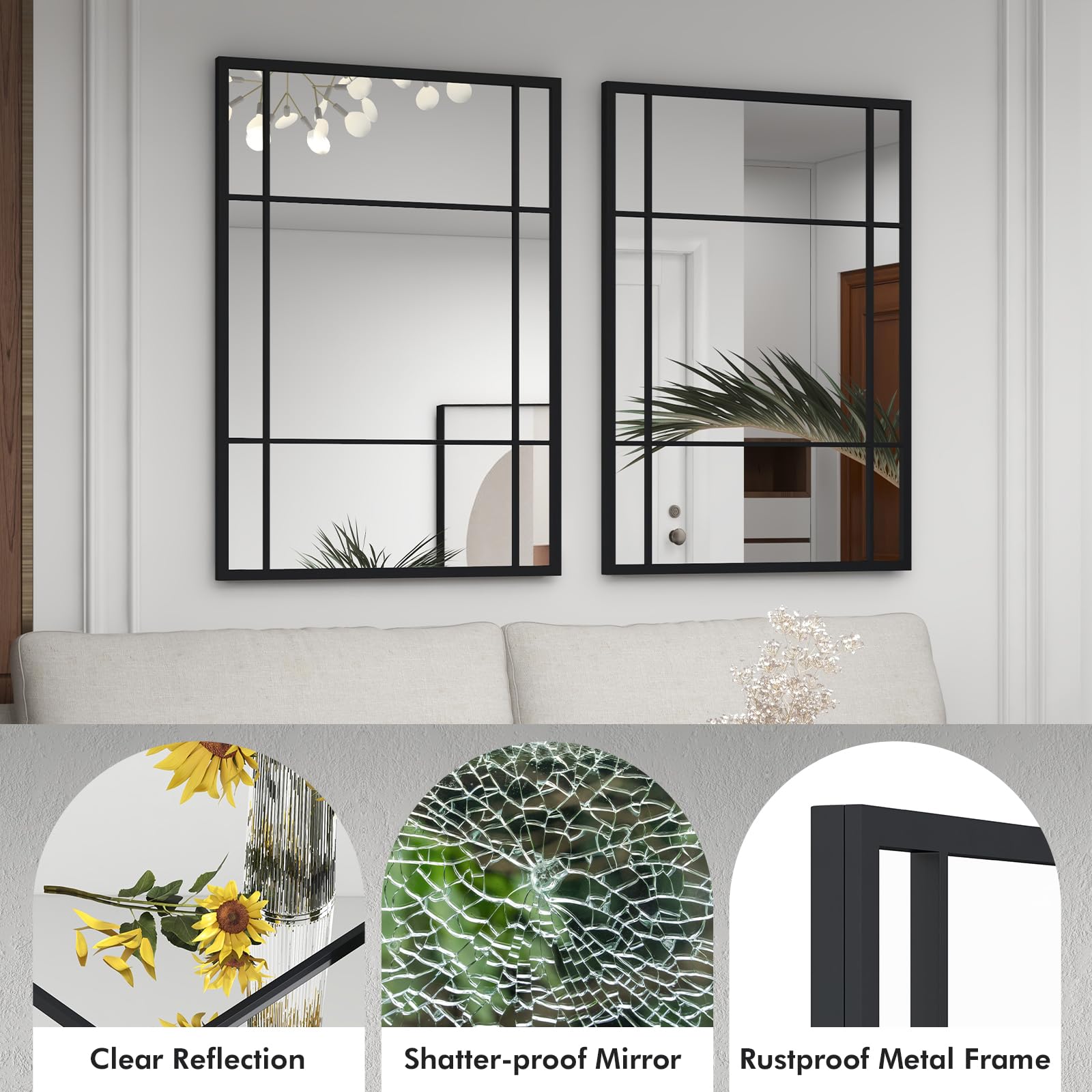 CHARMAID Window Wall Mirror - 40" x 28" Decorative Wall Mounted Mirror, Metal Framed Mirror