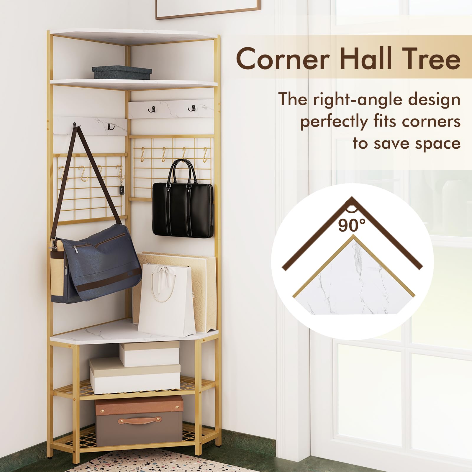 Giantex Corner Hall Tree, 73" Tall Coat Rack w/Shoe Storage Bench, 12 Metal Hooks, 5-Tier Entryway Shoes Shelf Organizer