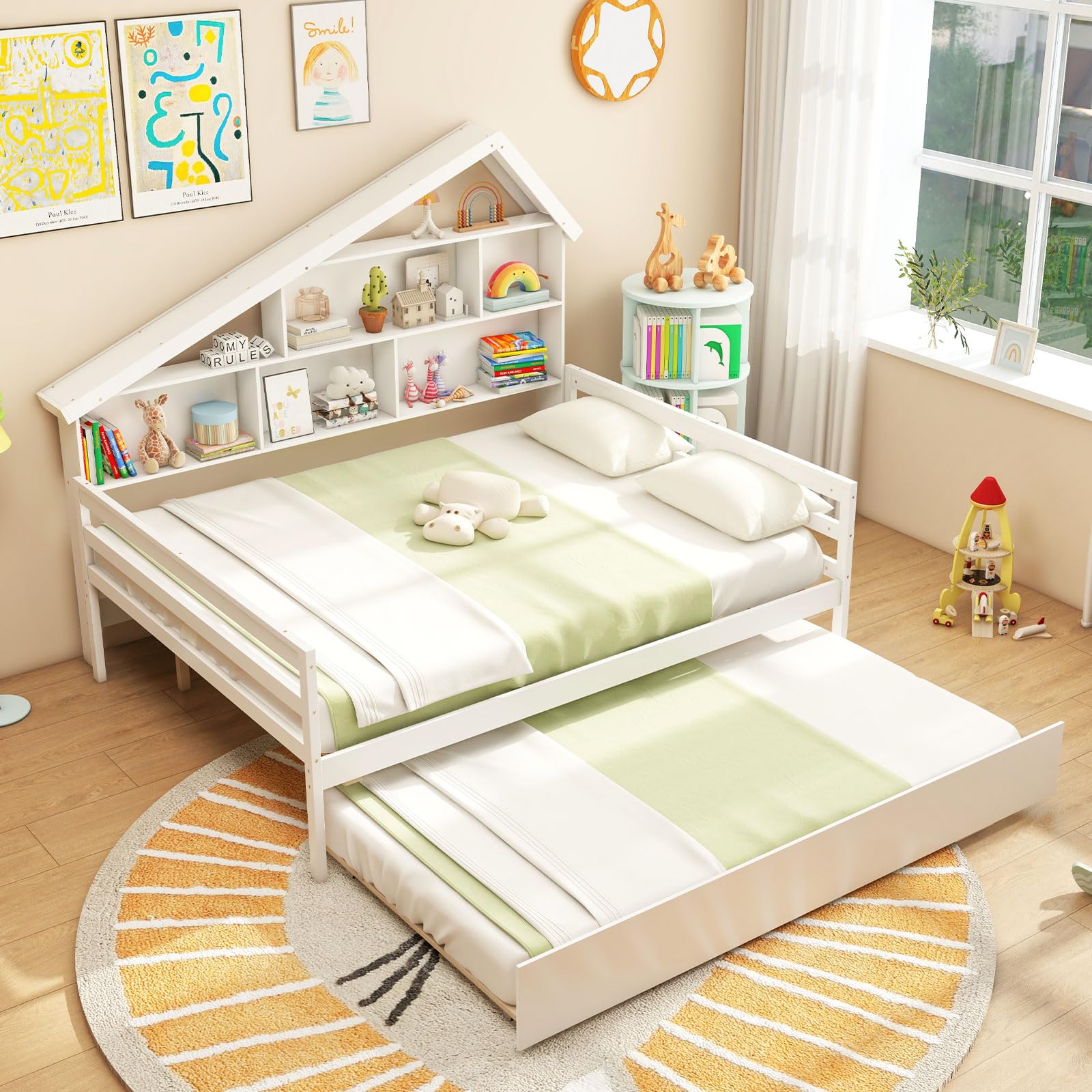 Giantex Full House Bed with Twin Trundle, Wood Daybed with 5 Cube Storage Bookcase & Headboard