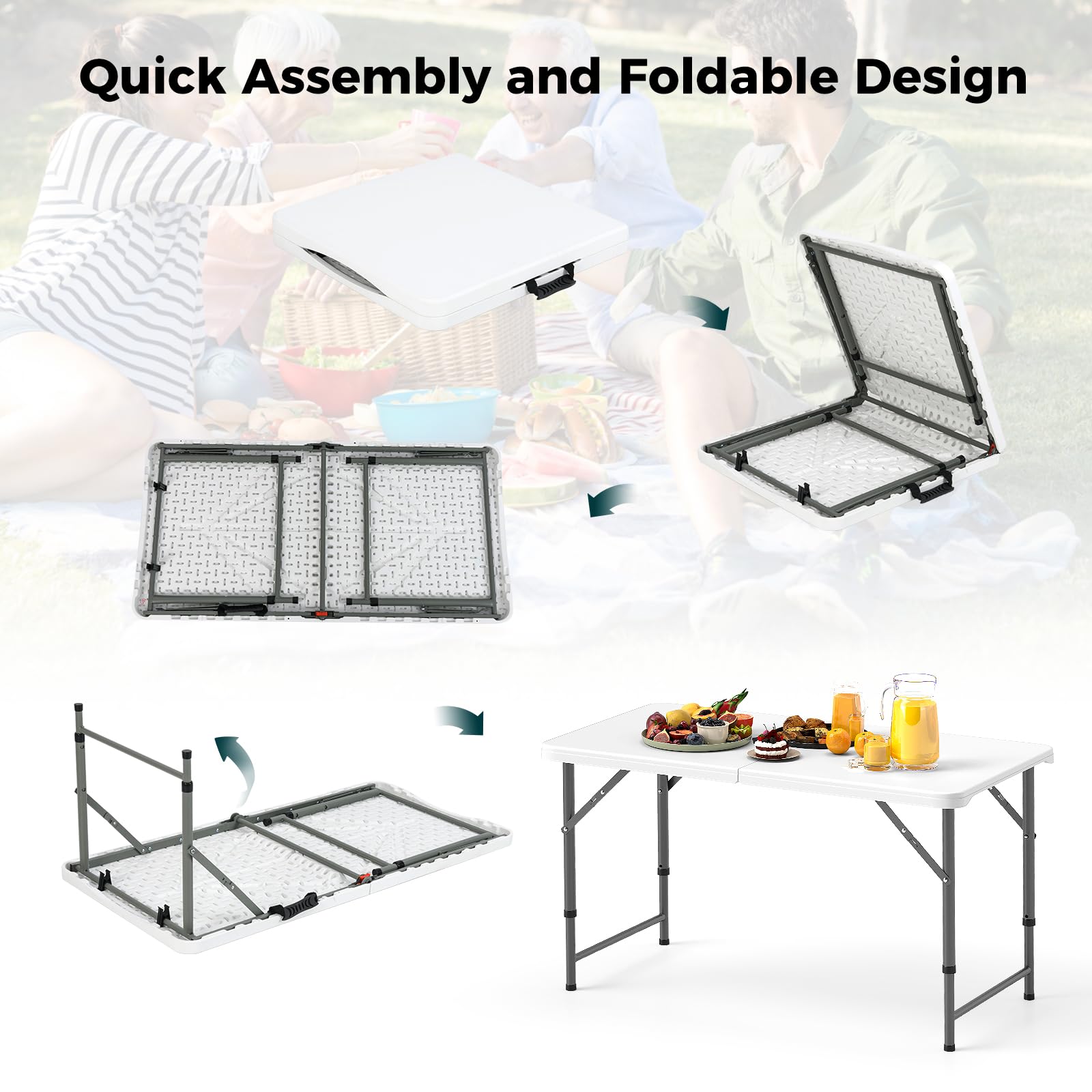 Giantex 48” x 24” Folding Table, HDPE Portable Fold-in-Half Table with 20”-29” Adjustable Heights