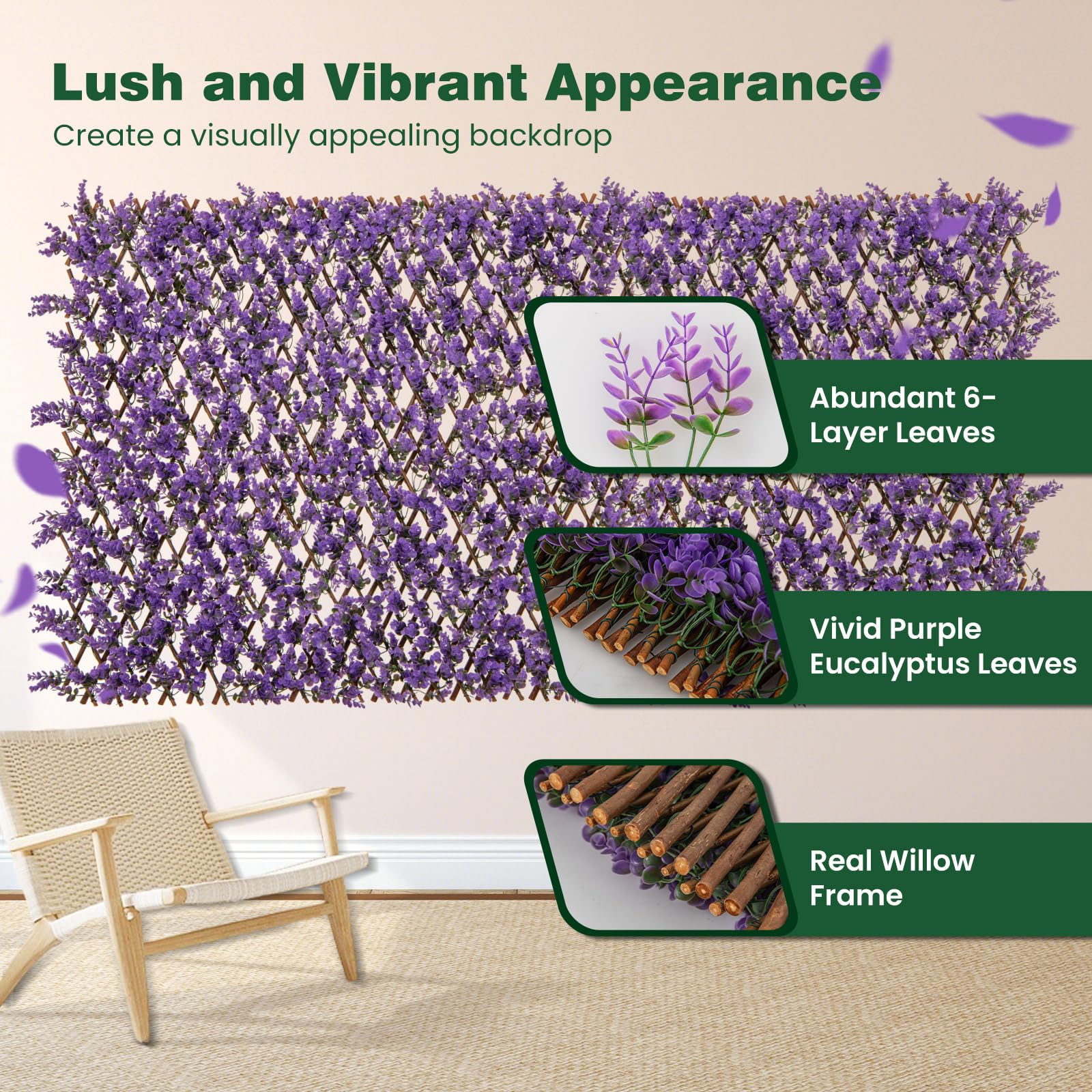 Giantex Expandable Fence Privacy Screen - Decorative Faux Purple Eucalyptus Fencing Panel for Balcony