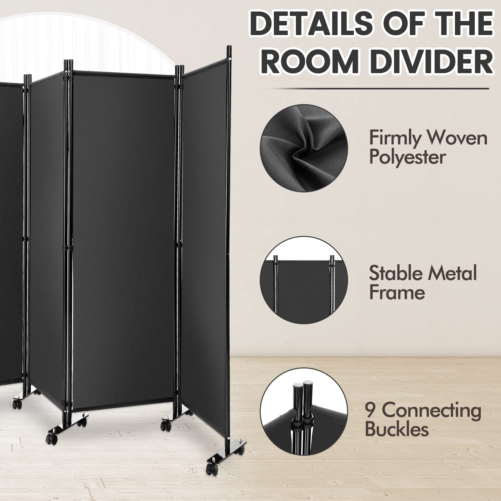 Giantex 4 Panel Room Divider, Folding Privacy Screen with Lockable Wheels, Rolling Partition Room Dividers