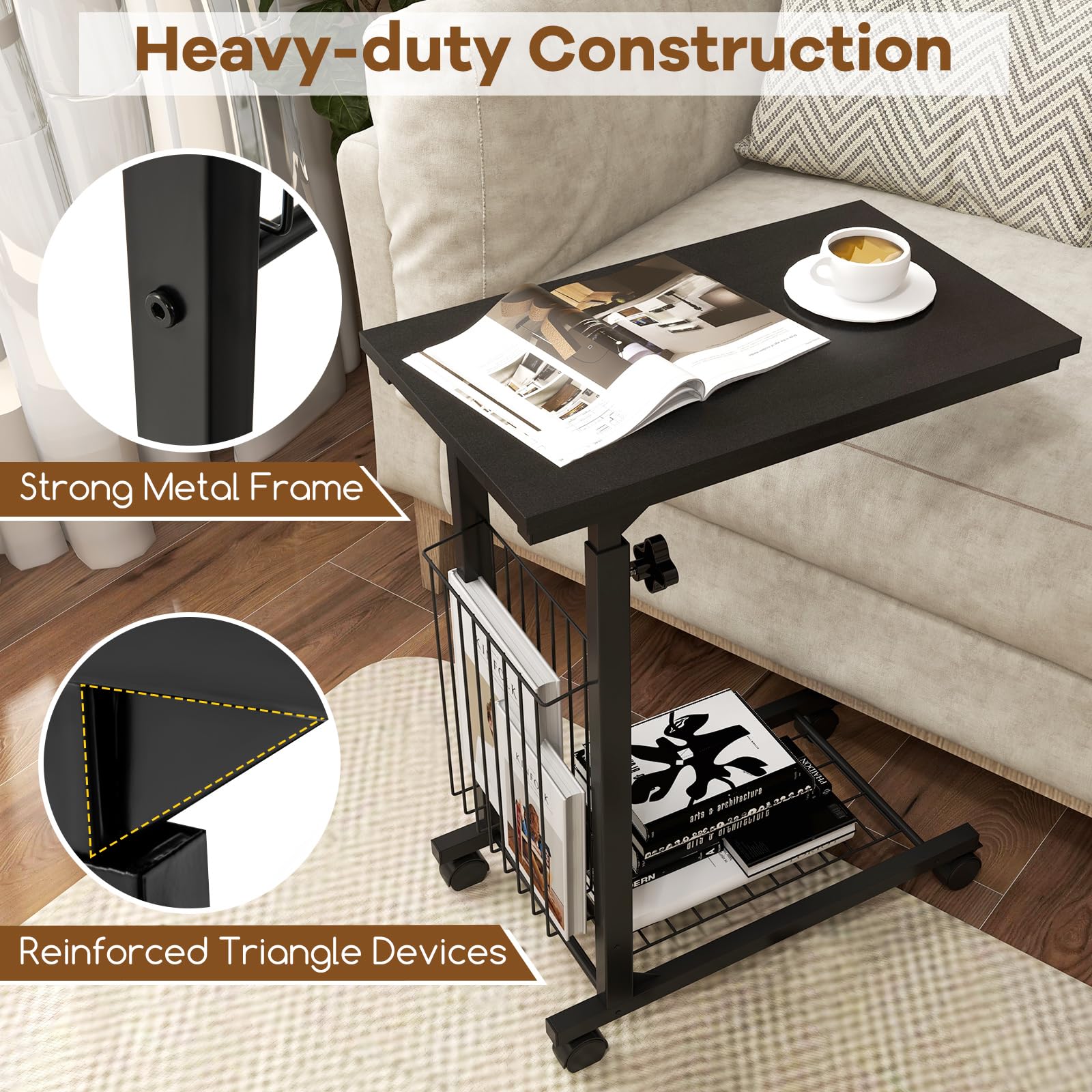 Giantex C Shaped End Table with Wheels, Height Adjustable Mobile Couch Snack Side Table with Storage Shelf