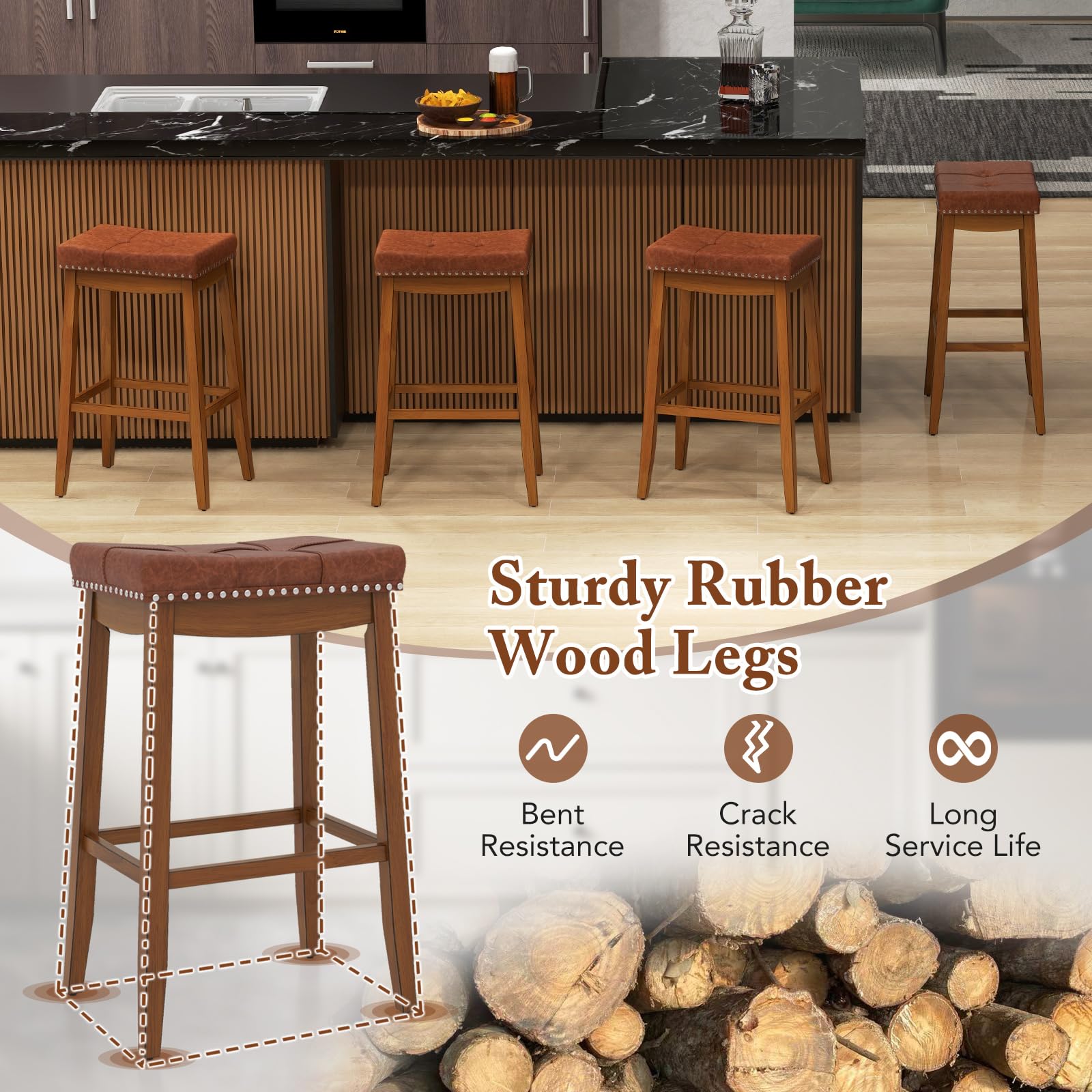 Giantex Bar Stools Set, 29" Counter Height Bar Stools w/Saddle Seat, Footrest, Rivet, Button Tufted, Rubber Wood Frame