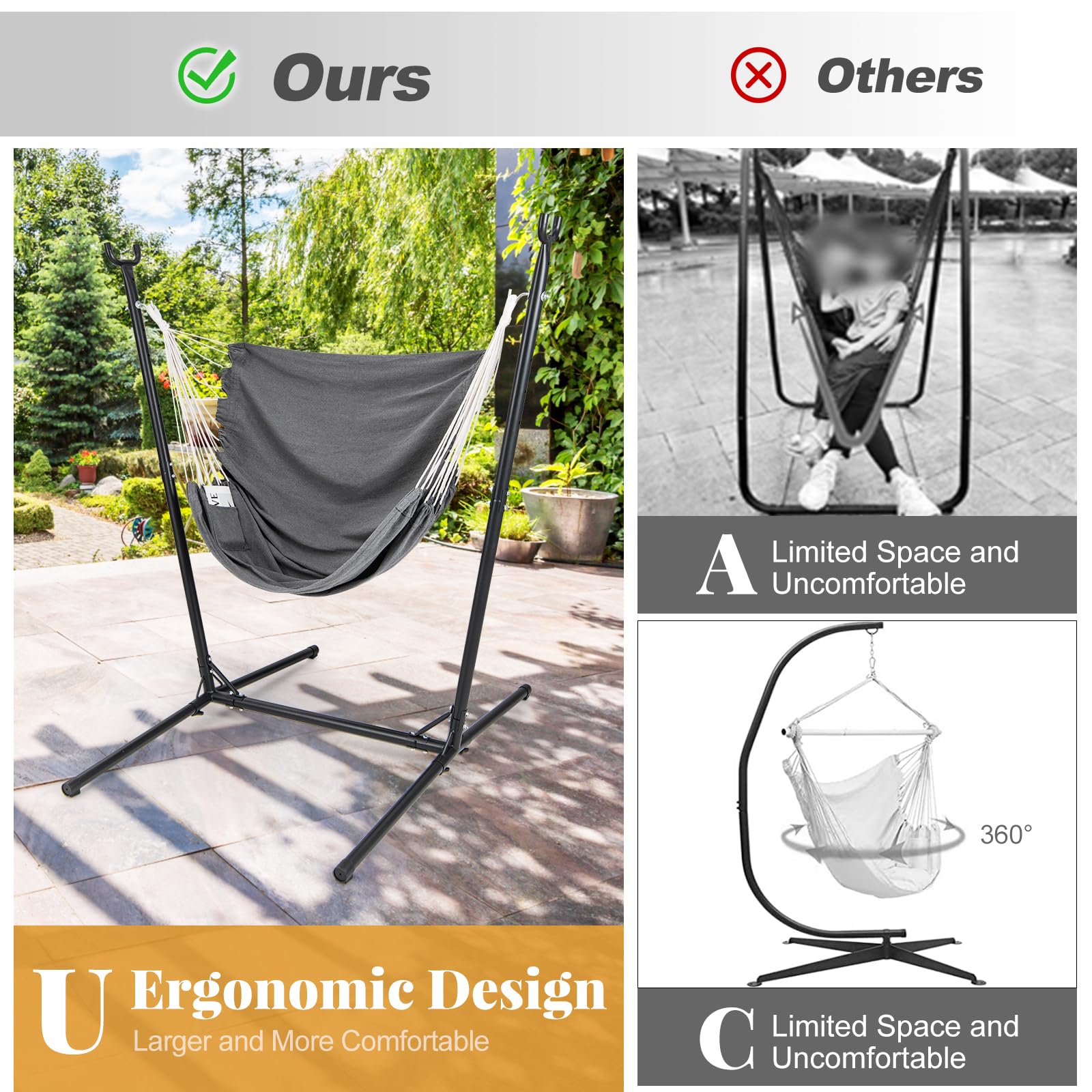 Giantex Hammock Chair with H-Shaped Stand - Heavy Duty Swing Chair with 6-Position Adjustable Height and Side Pocket