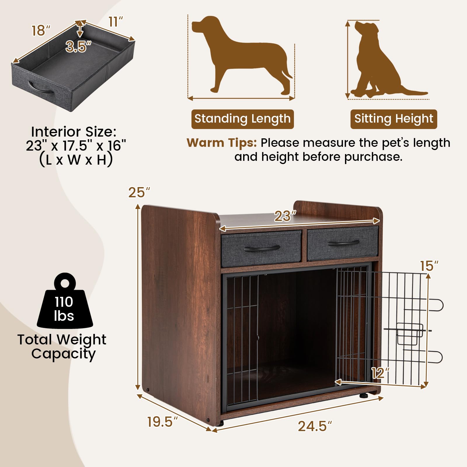 Giantex Dog Crate Furniture - Wooden Dog Cage End Table with 2 Storage Drawers